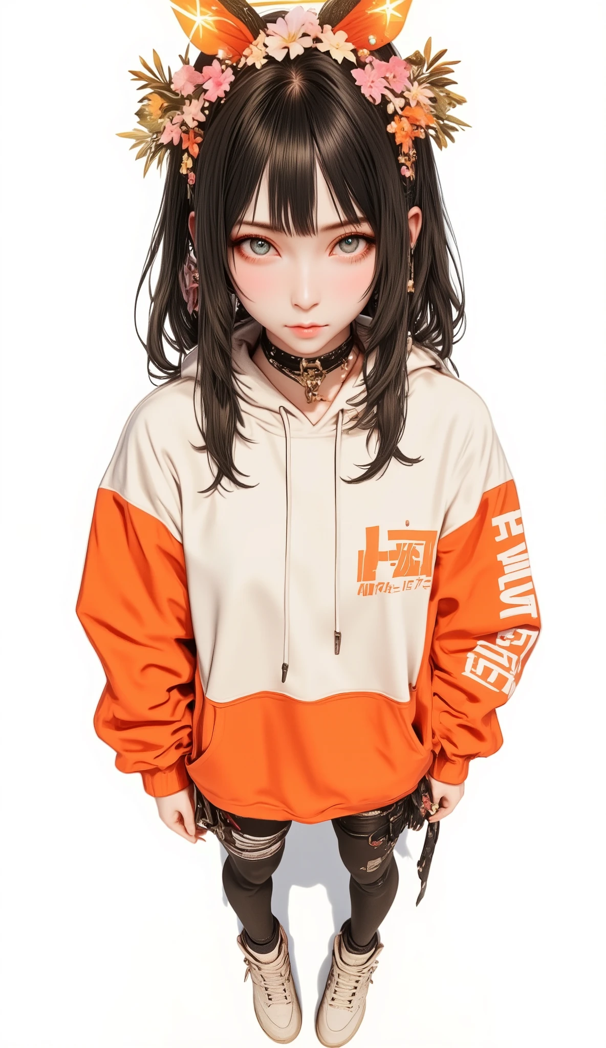 Fisheye Wide Angle , off-white and orange hoodie , Fisheye Wide Angle 1 of Mori Gutterpunk women , Glowing Angel Ring 、 bangs with lots of flowers 、 wearing leggings and trainers 、 with white lettering put your hands in your pocket 、The expression and outfit are 、Bold makeup and accessories. Underfoot shadows、 High Angle and Strong Fisheye Perspective , white background、 is anatomically correct、