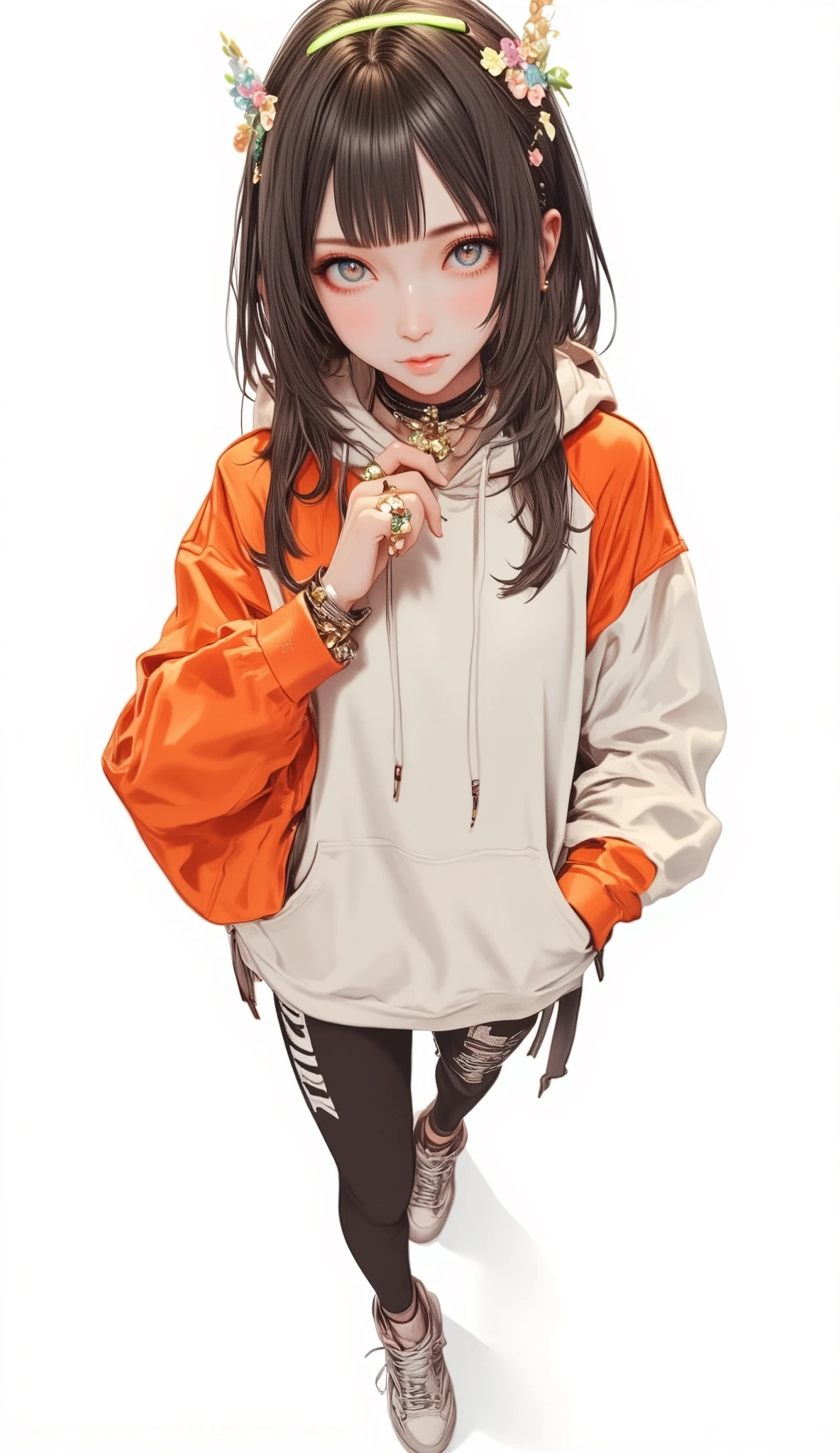 Fisheye Wide Angle , Off-white and Orange Hoodie , Fisheye Wide Angle 1 of Mori Gutterpunk women , Glowing Angel Ring 、 bangs with lots of flowers 、 wearing leggings and trainers 、 with white lettering put your hands in your pocket 、The expression and outfit are 、Bold makeup and accessories. Underfoot shadows、 High Angle and Strong Fisheye Perspective , white background、 is anatomically correct、