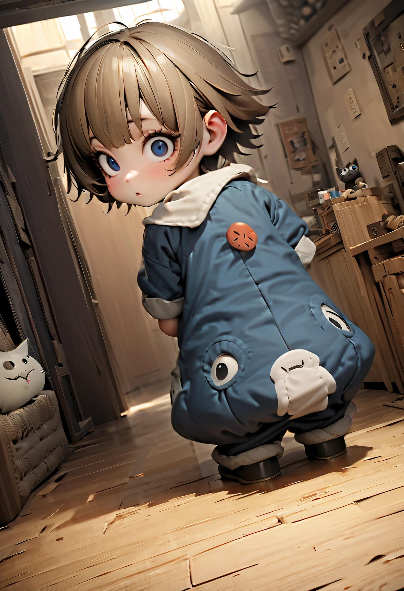 (Masterpiece), (top quality), (very detailed), 16k, wallpaper, Three-haired cat, (High Definition, masterpiece, Accurate, top quality, High Definition model, high detail, (((The textures are soft))), ((matte and toy-like with a handmade premium look)), (((Tim Burton style))), Old Japanese Townscapes, Alley mouth,