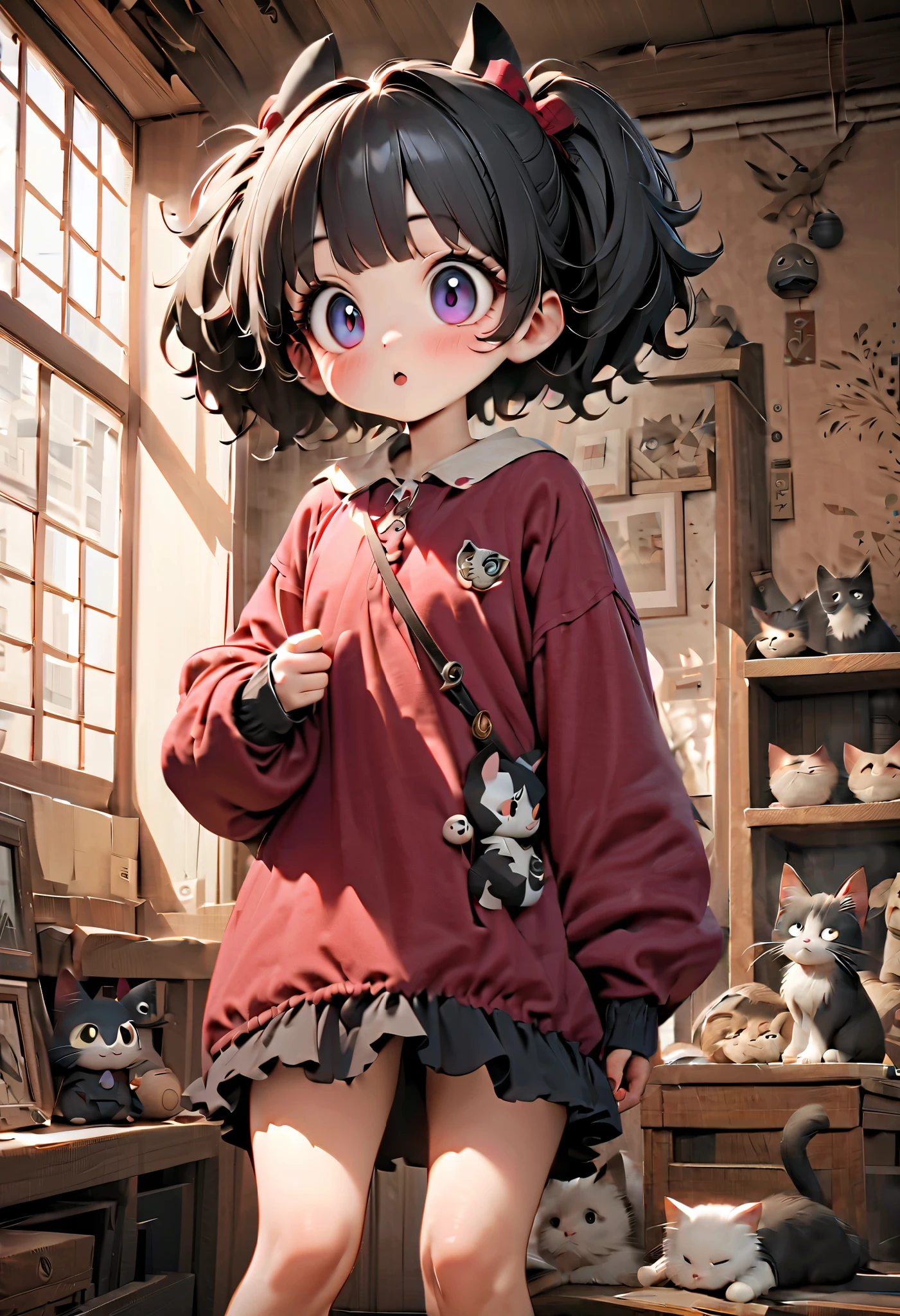 (Masterpiece), (top quality), (very detailed), 16k, wallpaper, Three-haired cat, (High Definition, masterpiece, Accurate, top quality, High Definition model, high detail, (((The textures are soft))), ((matte and toy-like with a handmade premium look)), (((Tim Burton style))), Old Japanese Townscapes, Alley mouth,