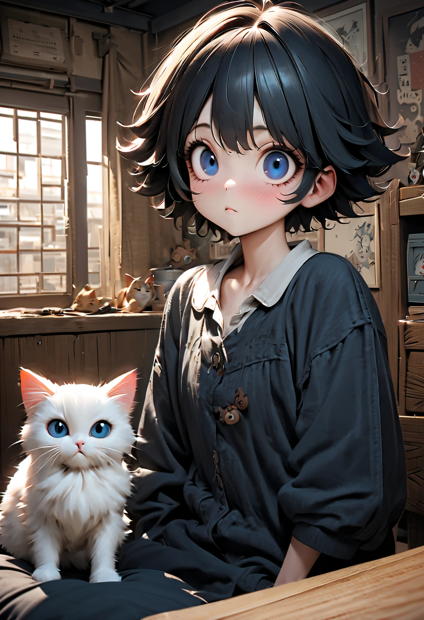 (Masterpiece), (top quality), (very detailed), 16k, wallpaper, Three-haired cat, (High Definition, masterpiece, Accurate, top quality, High Definition model, high detail, (((The textures are soft))), ((matte and toy-like with a handmade premium look)), (((Tim Burton style))), Old Japanese Townscapes, Alley mouth,