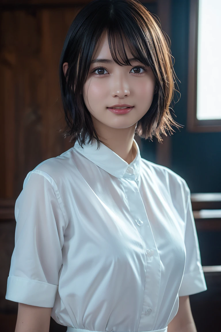 (8K, Raw photo, Highest quality, masterpiece:1.2), (Realistic, Photorealistic:1.37), Ultra-detailed, Ultra-high resolution, 1 girl, Seeing the viewer, Beautifully detailed face, Laughter, narrow, (Slim waist) :1.3), shortcut, Beautifully detailed skin, Skin texture, Dark hair, Short hair, Bob, Professional Lighting, (White shirt), Human whole body