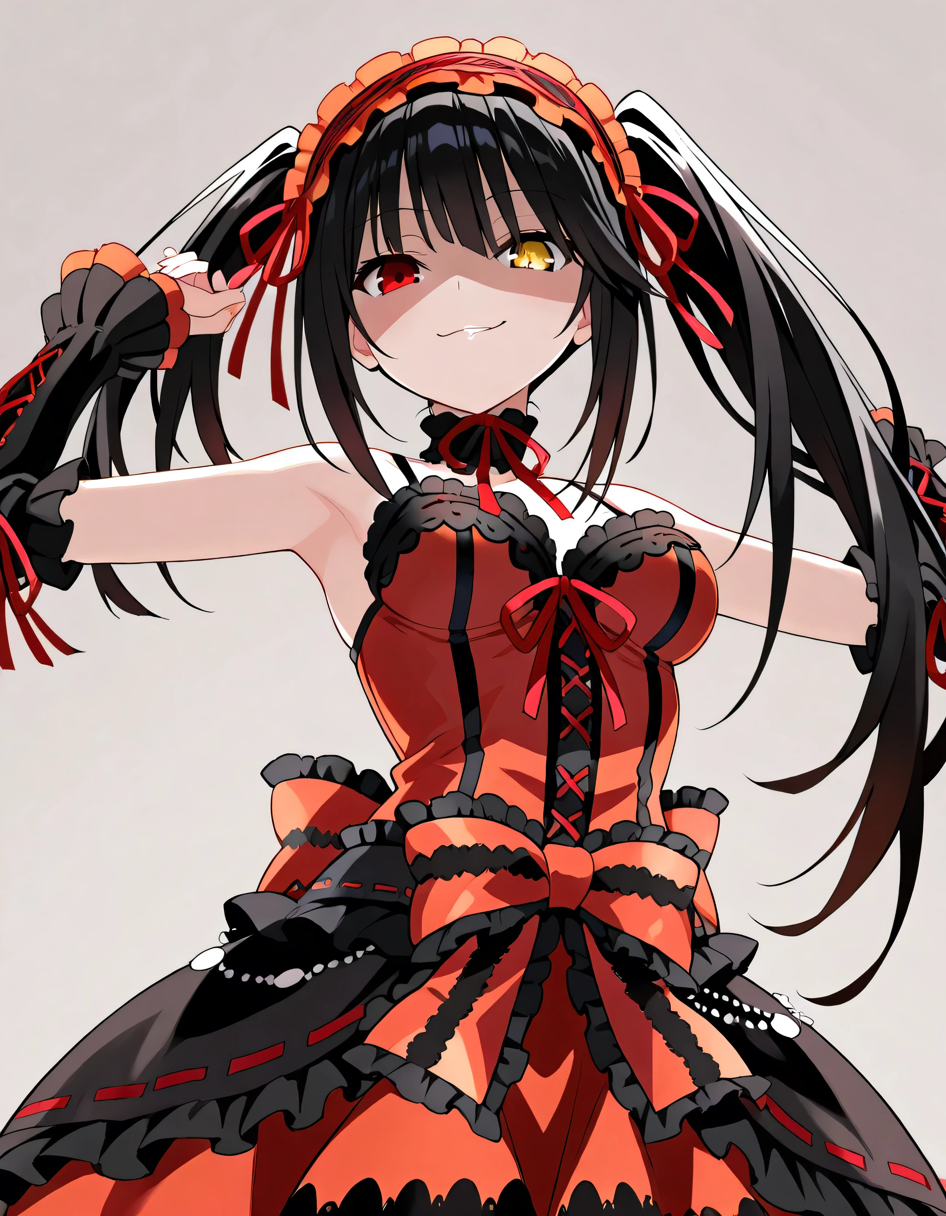 Tokisaki Kurumi, ridiculous , 1 girl, raise arms, black dress , black hair, bow, chest, Clock Eye, cowboy shooting, detachable sleeves, dress , dress bow, Hair Band , heterochromia , long hair, long sleeve , stares at viewers, medium chest, colorful clothes, multicolored dress , I tied my lips, red dress , RED EYES, red ribbon, ribbon, side lock, Simple Background , smile, Alone, Symbolic student , twin tails, yellow eyes ,,Shaded face(eyes in Shadow),very evil smirk,from below,looking down at viewer,,looking at viewer,
