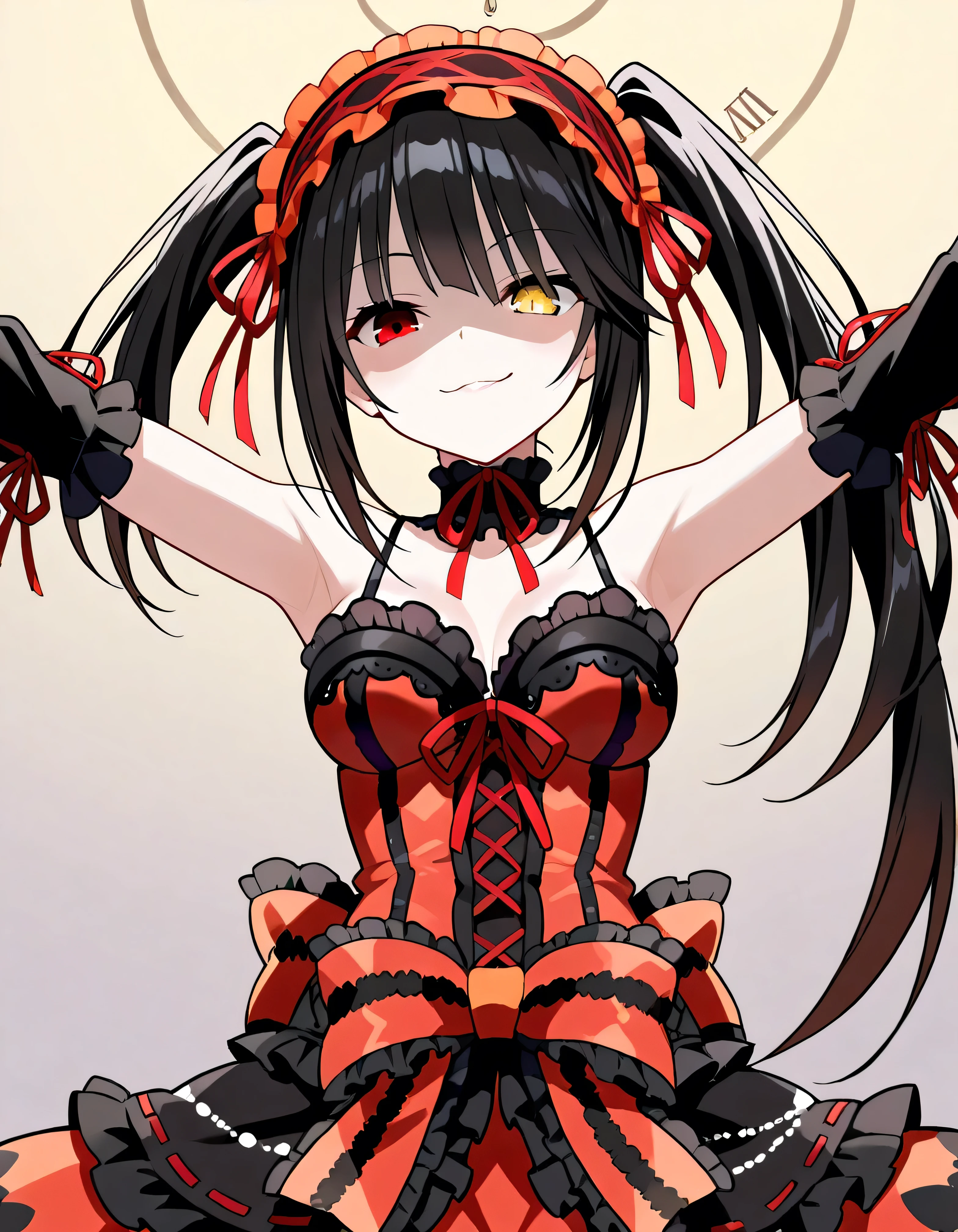 Tokisaki Kurumi, ridiculous , 1 girl, raise arms, black dress , black hair, bow, chest, Clock Eye, cowboy shooting, detachable sleeves, dress , dress bow, Hair Band , heterochromia , long hair, long sleeve , stares at viewers, medium chest, colorful clothes, multicolored dress , I tied my lips, red dress , RED EYES, red ribbon, ribbon, side lock, Simple Background , smile, Alone, Symbolic student , twin tails, yellow eyes ,,Shaded face(eyes in Shadow),very evil smirk,from below,looking down at viewer,,looking at viewer,