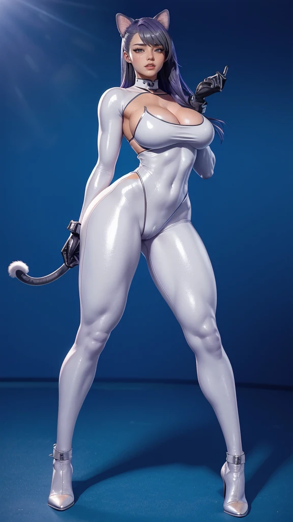 women, dark skin, blakc long hair, dark brown eyes, white  Bodysuit, big breast, standing