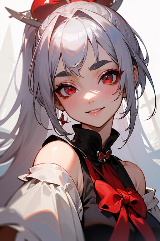 lacus4, (red eyes, white hair, small breasts, realistic style: 1.1, Anime avatar, crazy expression, 4K, Best Quality, (ultra detailed face), (headshot, side view), Drawing lines, high resolution, lacus4), 1girl, Solo, (red eyes, white hair), (detailed eyes, vivid red color), (realistic style, anime influences), (small breasts, covered), smile, (crazy expression, intense gaze), (hot colors, contrasting tones), detailed facial features, (realistic shading, subtle lighting), ((intricate hair braids, white hair ornaments), (covering shoulders), ((dimly