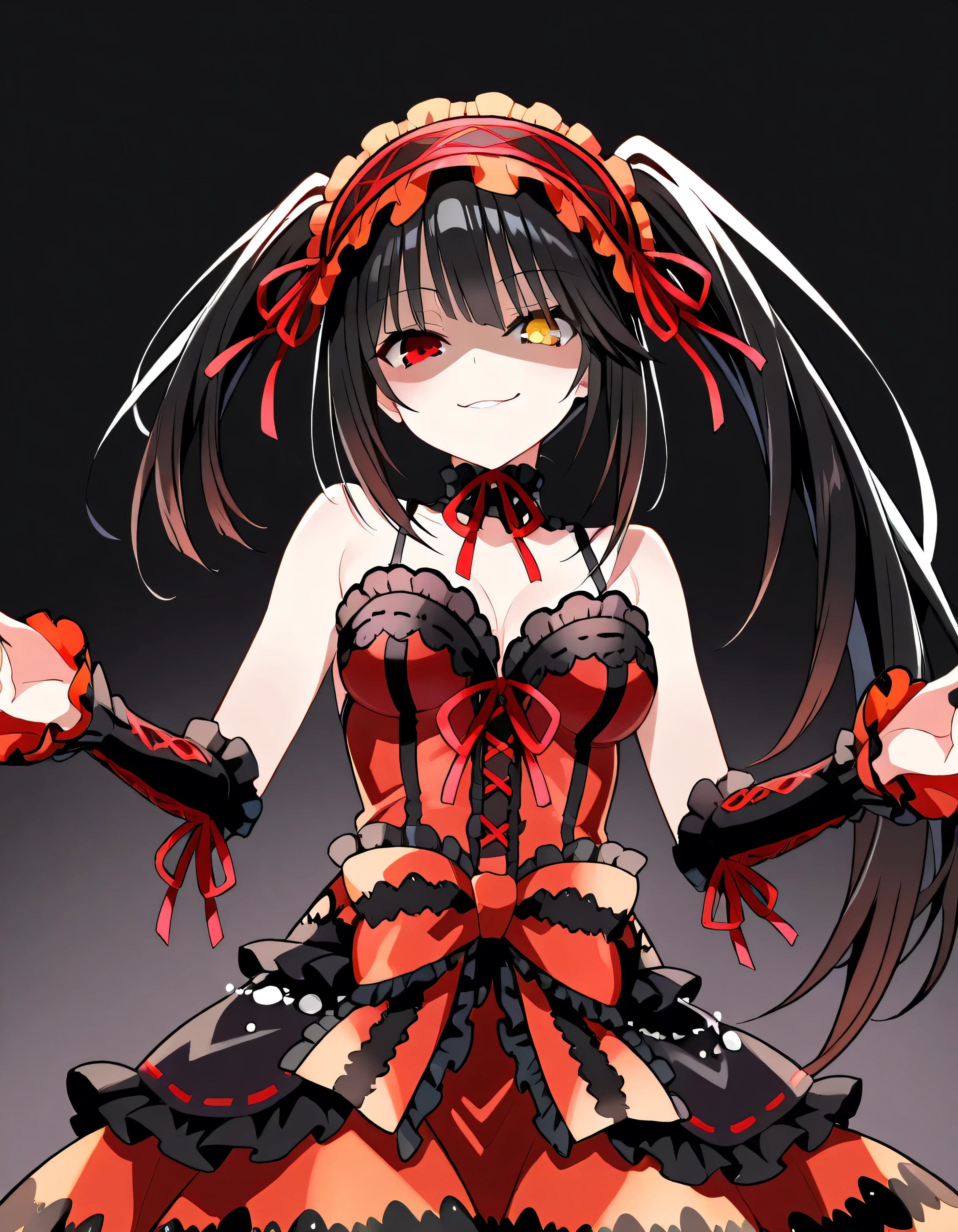 Tokisaki Kurumi, ridiculous , 1 girl, raise arms, black dress , black hair, bow, chest, Clock Eye, cowboy shooting, detachable sleeves, dress , dress bow, Hair Band , heterochromia , long hair, long sleeve , stares at viewers, medium chest, colorful clothes, multicolored dress , I tied my lips, red dress , RED EYES, red ribbon, ribbon, side lock, Simple Background , smile, Alone, Symbolic student , twin tails, yellow eyes ,,Shaded face(eyes in Shadow),very evil smirk,from below,looking down at viewer,,looking at viewer,
