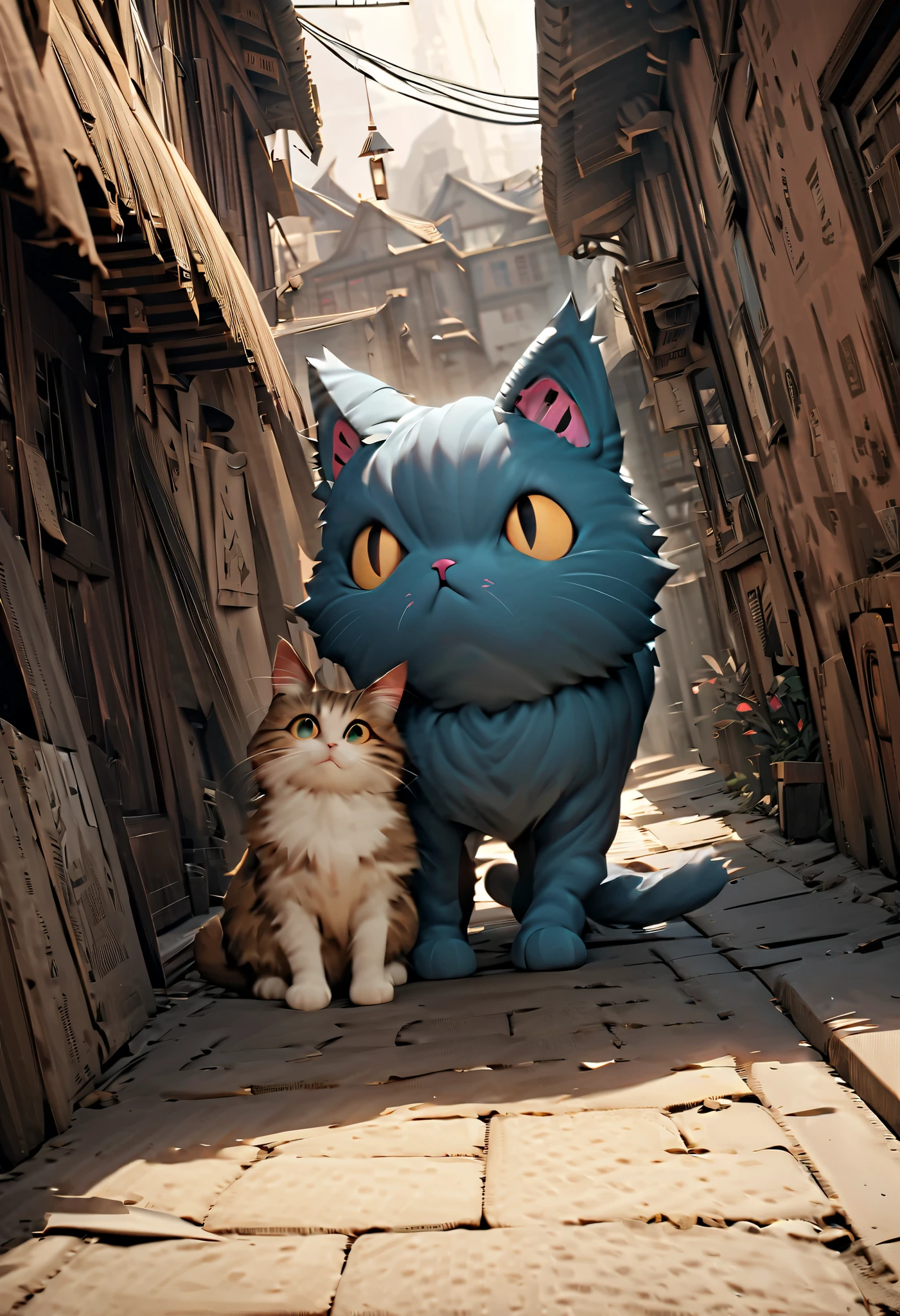 (Masterpiece), (top quality), (very detailed), 16k, wallpaper, Three-haired cat, (High Definition, masterpiece, Accurate, top quality, High Definition model, high detail, (((The textures are soft))), ((matte and toy-like with a handmade premium look)), (((Tim Burton style))), Old Japanese Townscapes, Alley mouth,