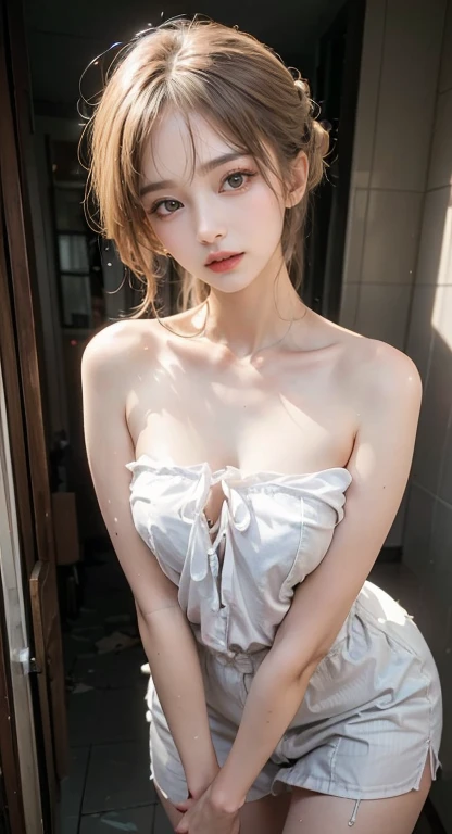 best quality, masterpiece, (photorealistic:1.4), 1girl, cowboy shot, luxury elegant bare shoulder deep v wedding dress, dramatic lighting, hair over shoulders, white gloves, v arms, luxury hall background, night, japanese face, braid hair,small breast