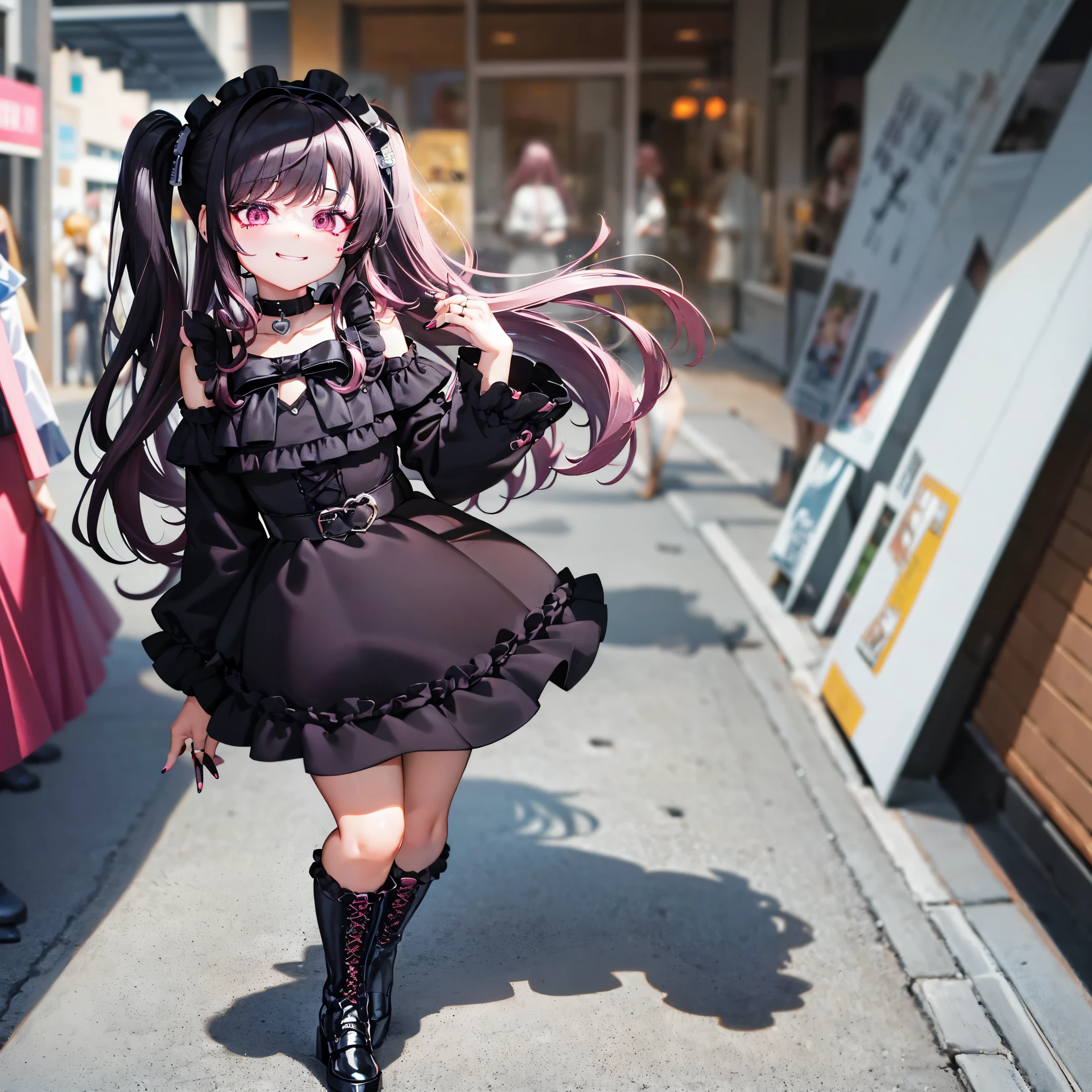 ( top quality)),( super A high resolution),( super detailed),(Detailed depiction),((Best Photos)),( Best Works of Art ), Ultra Precision Art , amazing depiction of art , Composition that reflects the whole body,in the street in the night city,detailed bills behind,Jirai girls,Alone, (black hair, pink hair, two-tone hair), long hair, two side up, black hair bow, jirai kei, (cross-laced clothes, pink shirt, long sleeves, frilled sleeves),frill, black bowtie, black belt,black skirt,Luxurious pink and black head dress with frills and ribbons,black lace tights,frilled white long socks,black long boots,laced bloods ,details headdress, detailed dress, red eyes,heart eyes, heart brooch, heart earrings, ring, nail polish, pink nails, black nails, black choker,A plump quilted Black leather bag in the hand,She's staring at the camera with a greedy face,evils smile,lift one leg,