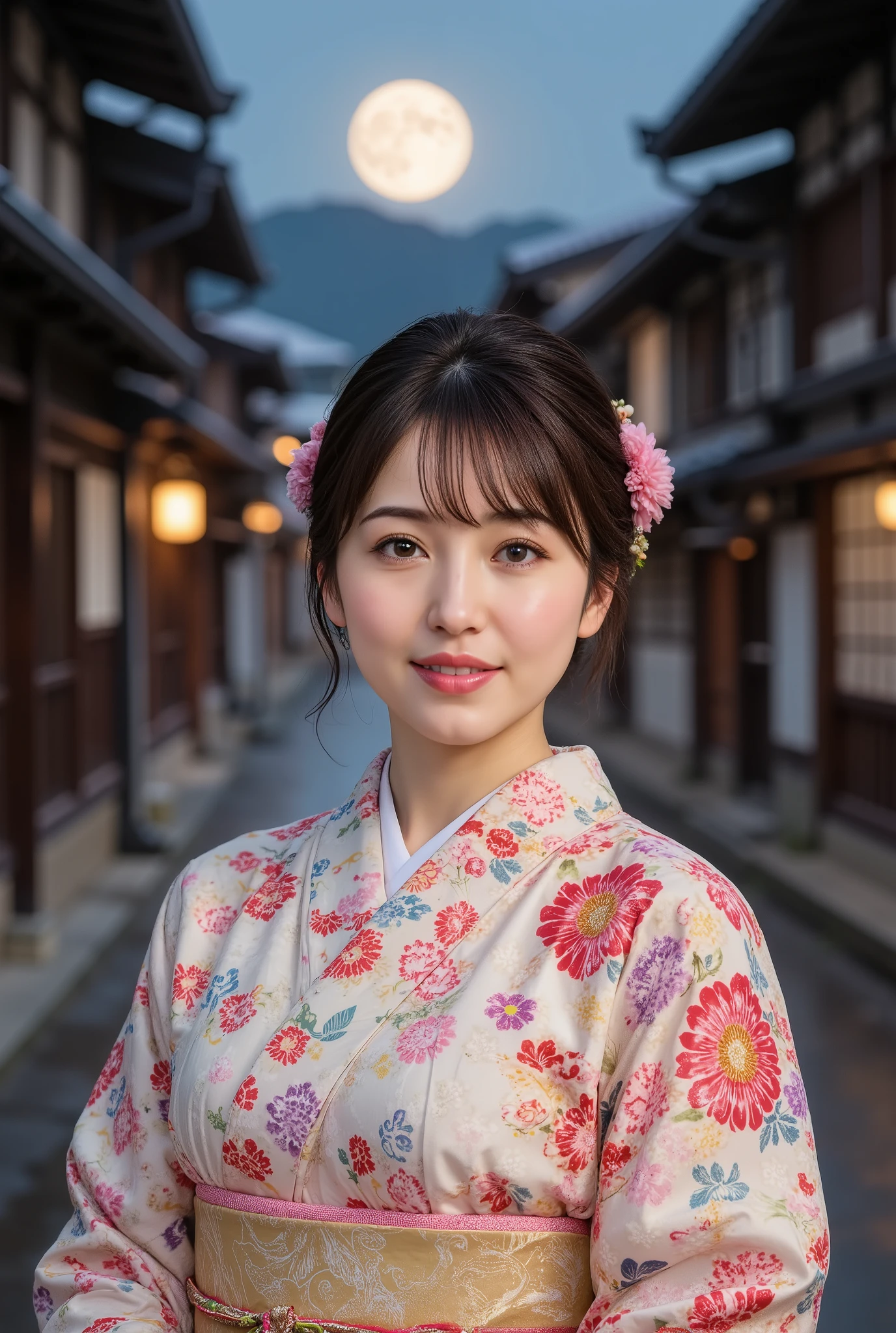 (((full body))), (((full body shot))), best quality, masterpiece, super high resolution, beautiful Japanese girl, Kind Face, green eyes, kind smile, Curvy Body, big boobs, updo brown hair, Japanese female Cloth Outfit, Japanese kimono, (((off shoulders))), In Old Japanese-style street, night:1.2, full moon,