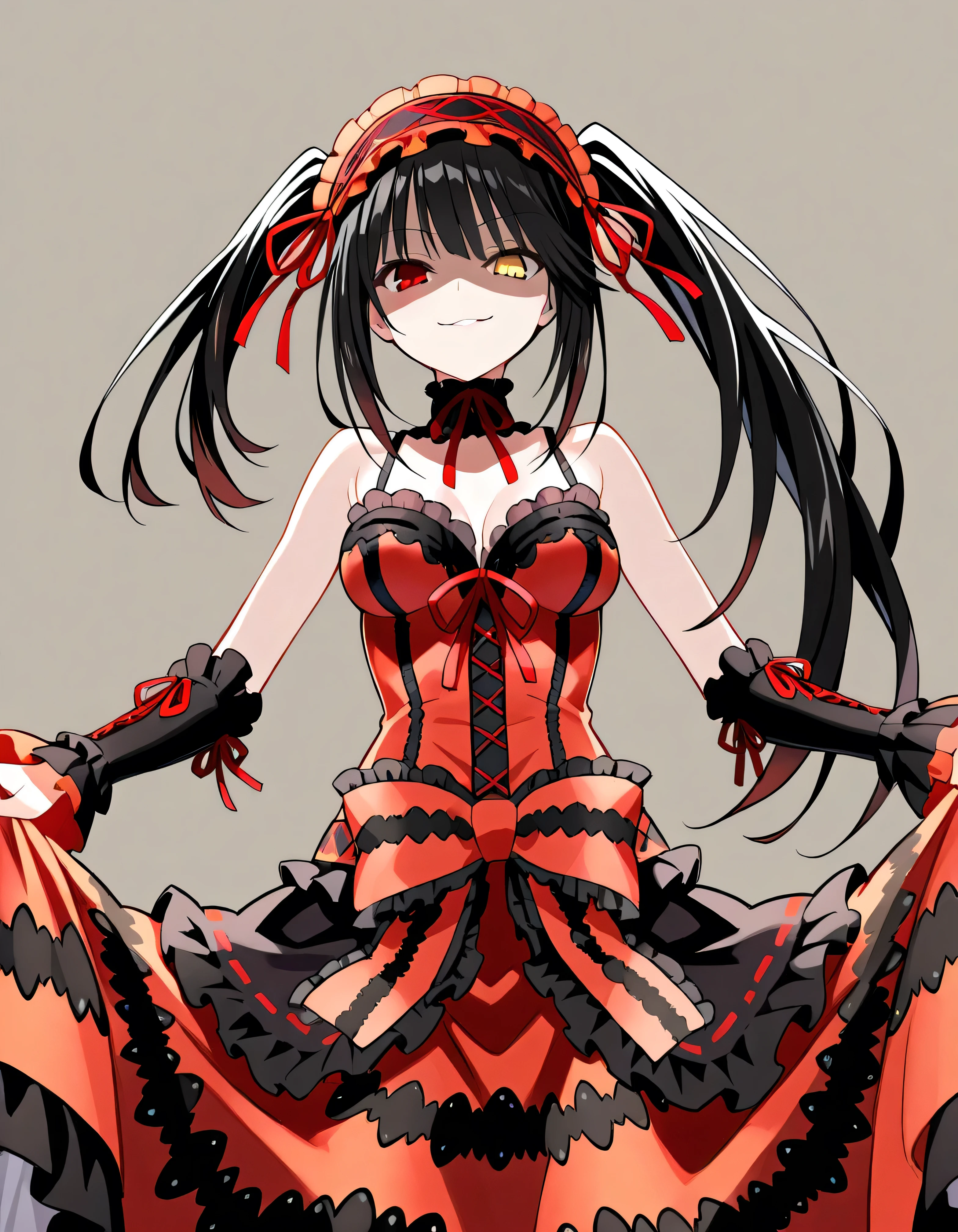 Tokisaki Kurumi,   ridiculous ,  1 girl,  raise arms, black  dress ,  black hair, bow, chest, Clock Eye,  cowboy shooting,  detachable sleeves,  dress ,  dress  bow,  Hair Band ,  heterochromia ,  long hair,   long sleeve  ,  stares at viewers, medium chest,  colorful clothes, multicolored  dress , I tied my lips, red  dress ,  RED EYES, red ribbon, ribbon,  side lock,  Simple Background , smile, Alone,  Symbolic student ,  twin tails,  yellow eyes ,,Shaded face(eyes in Shadow),very evil smirk,from below,looking down at viewer,,looking at viewer,

