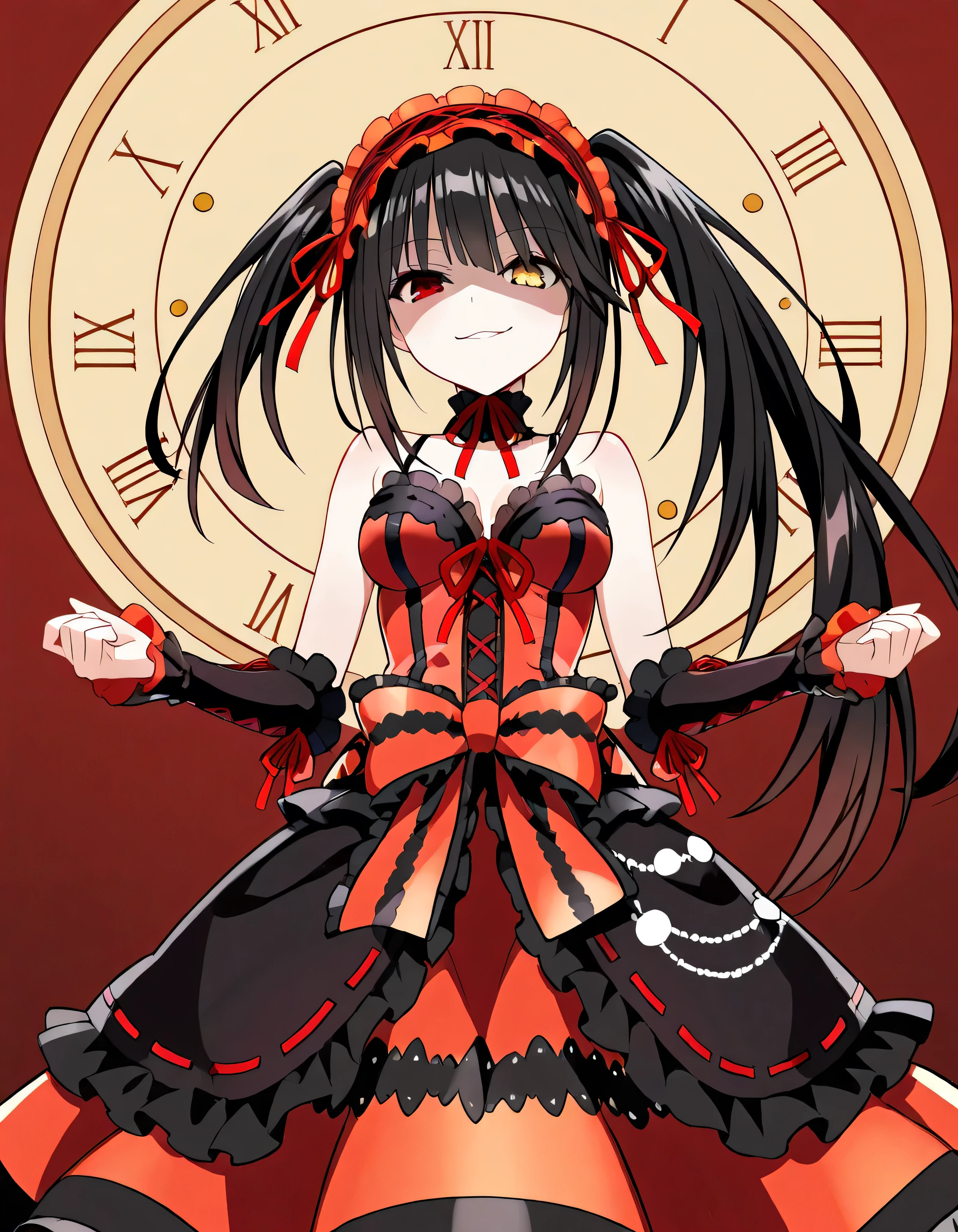 Tokisaki Kurumi,   ridiculous ,  1 girl,  raise arms, black  dress ,  black hair, bow, chest, Clock Eye,  cowboy shooting,  detachable sleeves,  dress ,  dress  bow,  Hair Band ,  heterochromia ,  long hair,   long sleeve  ,  stares at viewers, medium chest,  colorful clothes, multicolored  dress , I tied my lips, red  dress ,  RED EYES, red ribbon, ribbon,  side lock,  Simple Background , smile, Alone,  Symbolic student ,  twin tails,  yellow eyes ,,Shaded face(eyes in Shadow),very evil smirk,from below,looking down at viewer,,looking at viewer,

