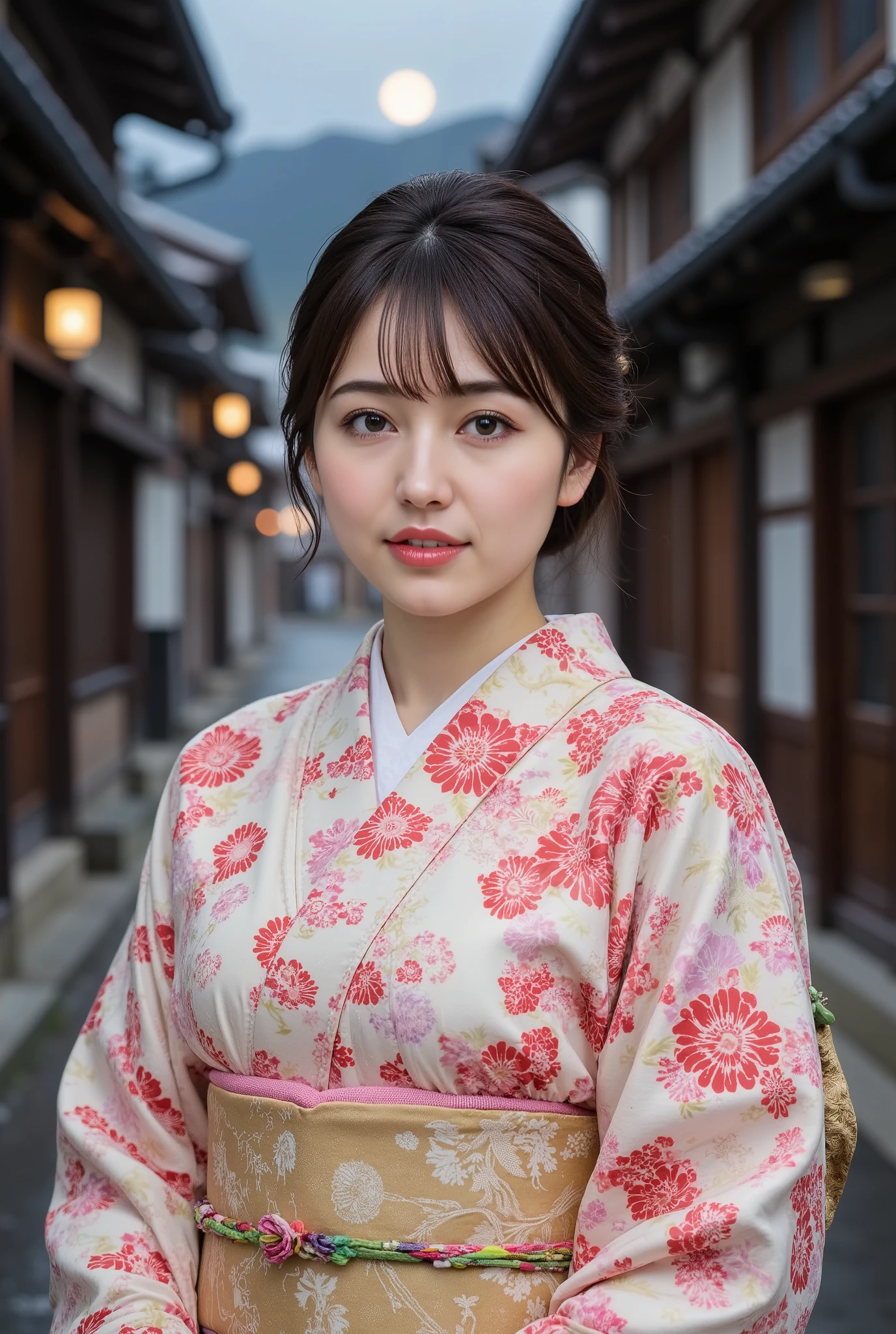 (((full body))), (((full body shot))), best quality, masterpiece, super high resolution, beautiful Japanese girl, Kind Face, green eyes, kind smile, Curvy Body, big boobs, updo brown hair, Japanese female Cloth Outfit, Japanese kimono, (((off shoulders:1.5))), In Old Japanese-style street, night:1.2, full moon,