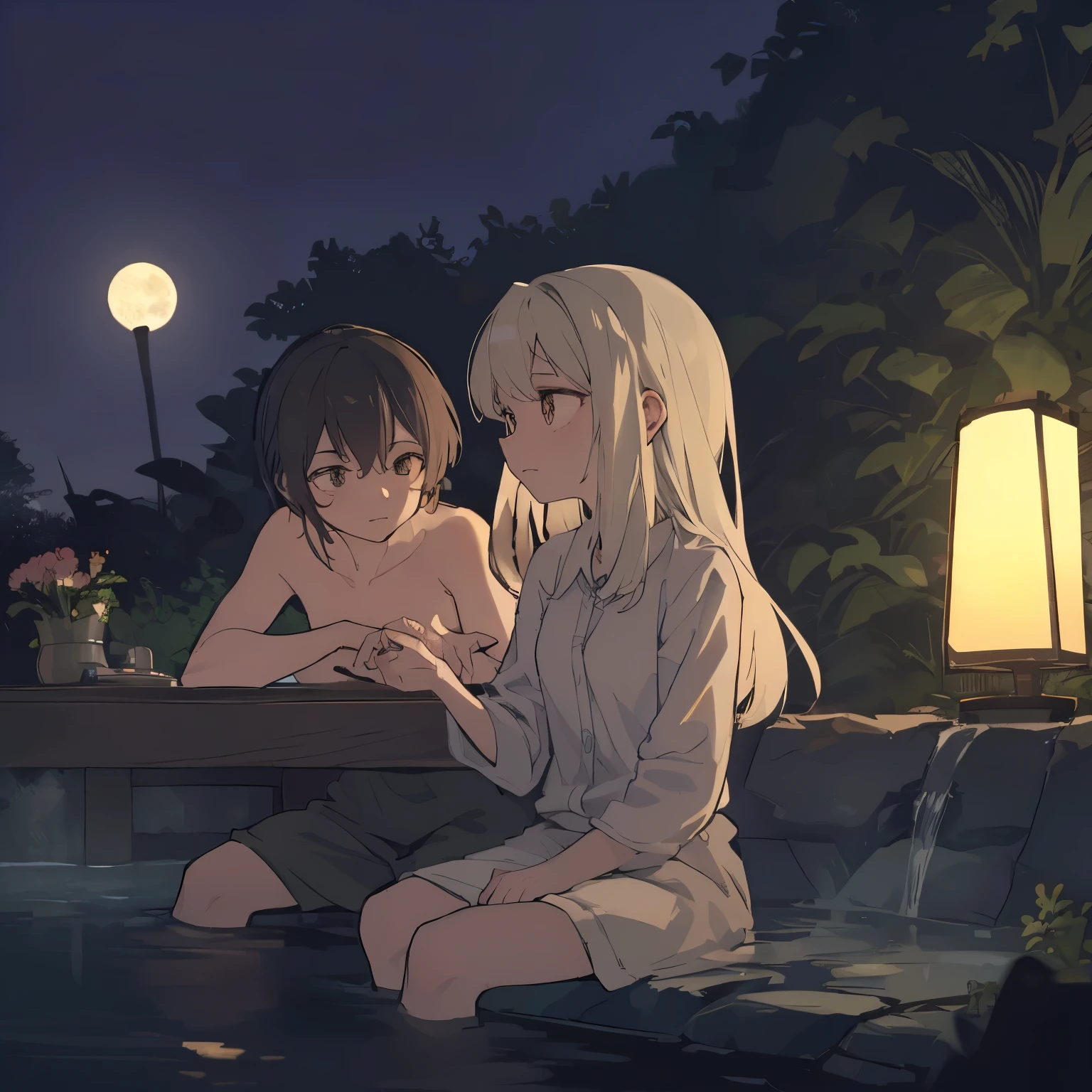 At night in an outdoor hot spring, two young girls are soaking up to their shoulders in the warm water. The blonde girl is relaxed, leaning on the edge of the bath with a content expression, while the black-haired girl looks surprised, pointing toward the misty steam. The background features a beautiful traditional Japanese onsen inn with soft lantern lights, and a starry night sky illuminated by the moon. In the misty distance, a small hot spring monkey is sitting on a rock, gazing curiously at them. The scene has a warm and atmospheric glow, creating a magical and serene ambiance