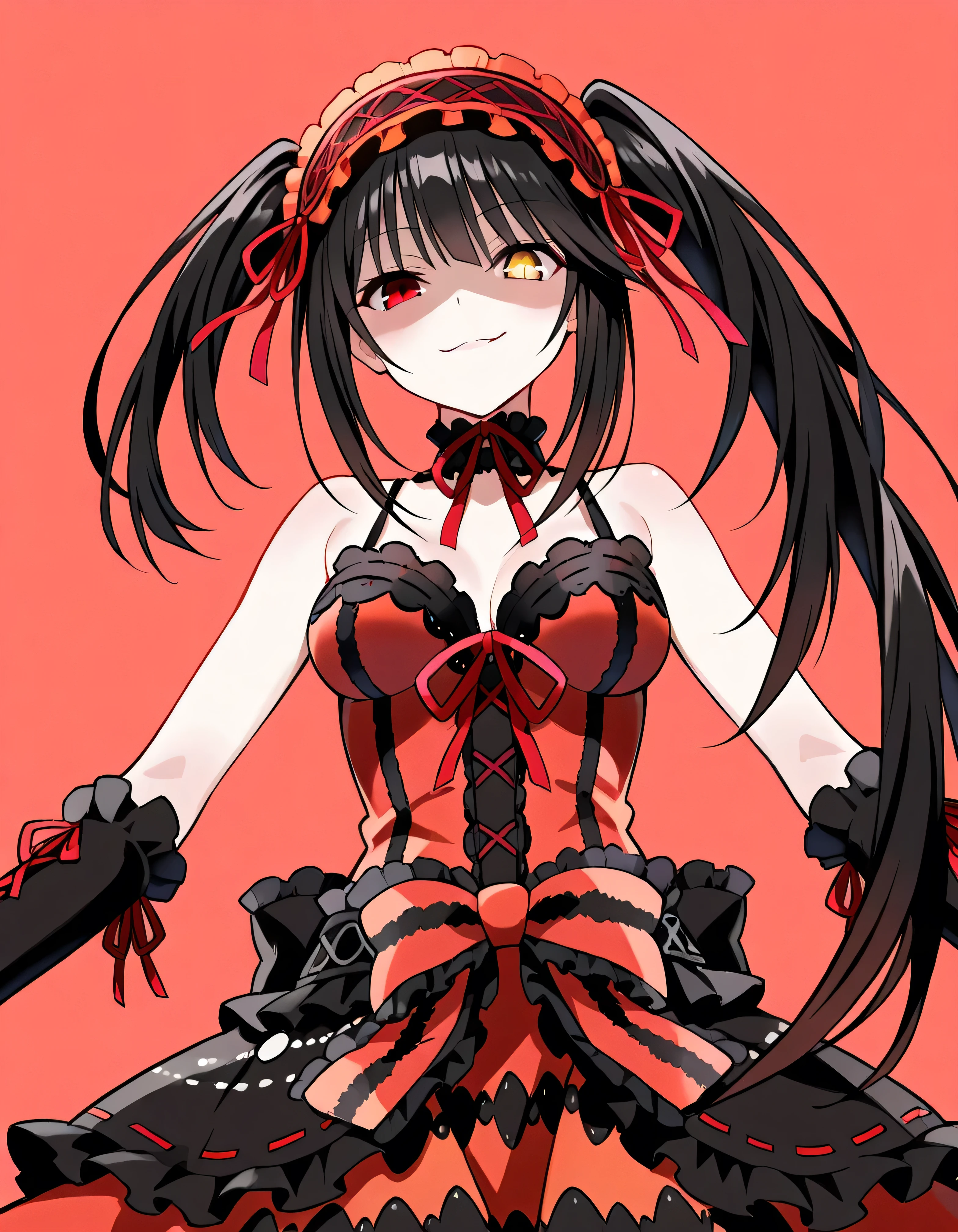 Tokisaki Kurumi, ridiculous , 1 girl, raise arms, black dress , black hair, bow, chest, Clock Eye, cowboy shooting, detachable sleeves, dress , dress bow, Hair Band , heterochromia , long hair, long sleeve , stares at viewers, medium chest, colorful clothes, multicolored dress , I tied my lips, red dress , RED EYES, red ribbon, ribbon, side lock, Simple Background , smile, Alone, Symbolic student , twin tails, yellow eyes ,,Shaded face(eyes in Shadow),very evil smirk,from below,looking down at viewer,,looking at viewer,