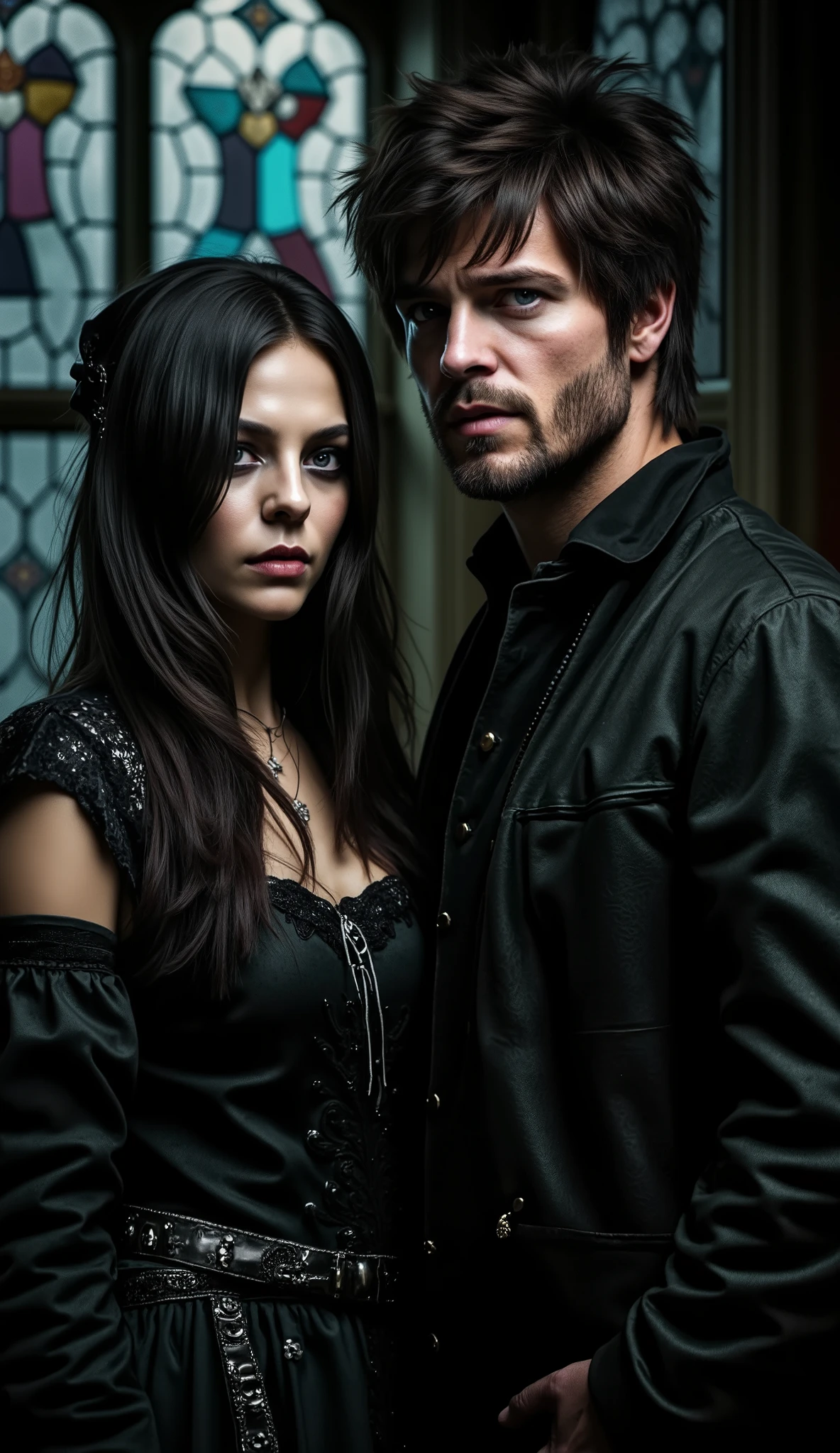 Create a dark and gothic scene featuring a mysterious couple standing together. The woman has long black hair and is dressed in an ornate, Victorian-style black dress with lace details. She exudes an air of elegance and intrigue. The man is bearded, beside her and has tousled black hair and wears a tailored black suit with a high collar. Their expressions are serious and captivating, adding to the overall enigmatic atmosphere. In the background, a large, intricately designed stained glass window casts moody shadows, enhancing the gothic theme of the image.