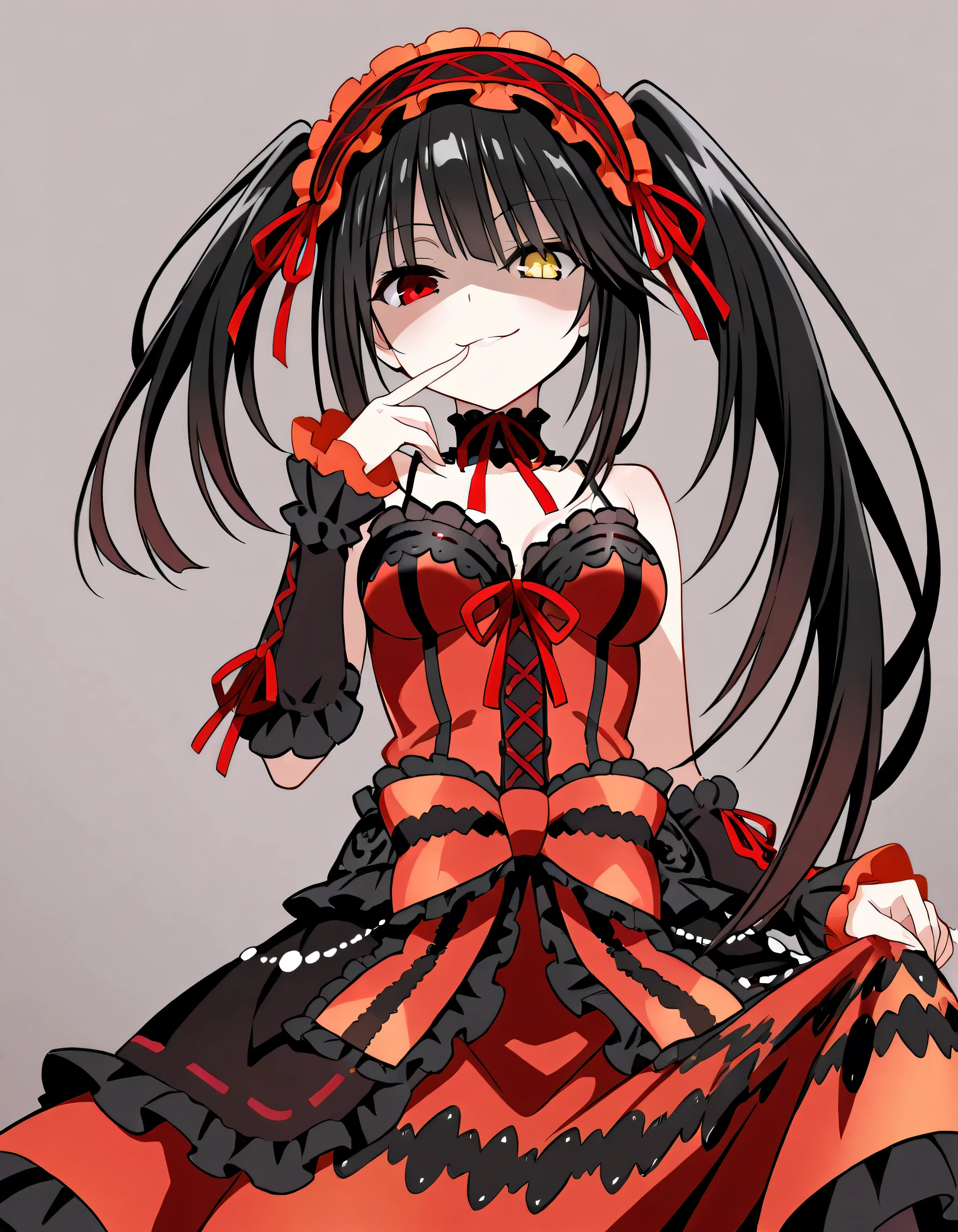 Tokisaki Kurumi, is ridiculous, 1 girl in the best, raise your arms, black dress , black hair, bow, chest, Clock Eye, cowboy shooting, detachable sleeves , dress , dress bow, Hair Band , heterochromia , long hair, long sleeve , stare at the viewer, medium chest, multicolored clothes , multicolored dress , while tasting, red dress , red eyes, red ribbon, ribbon, Side Lock, simple background, smile, Alone, Symbolic student , Twin Tails, yellow eyes ,,Shaded face(eyes in Shadow),very evil smirk,from below,looking down at viewer,,looking at viewer,