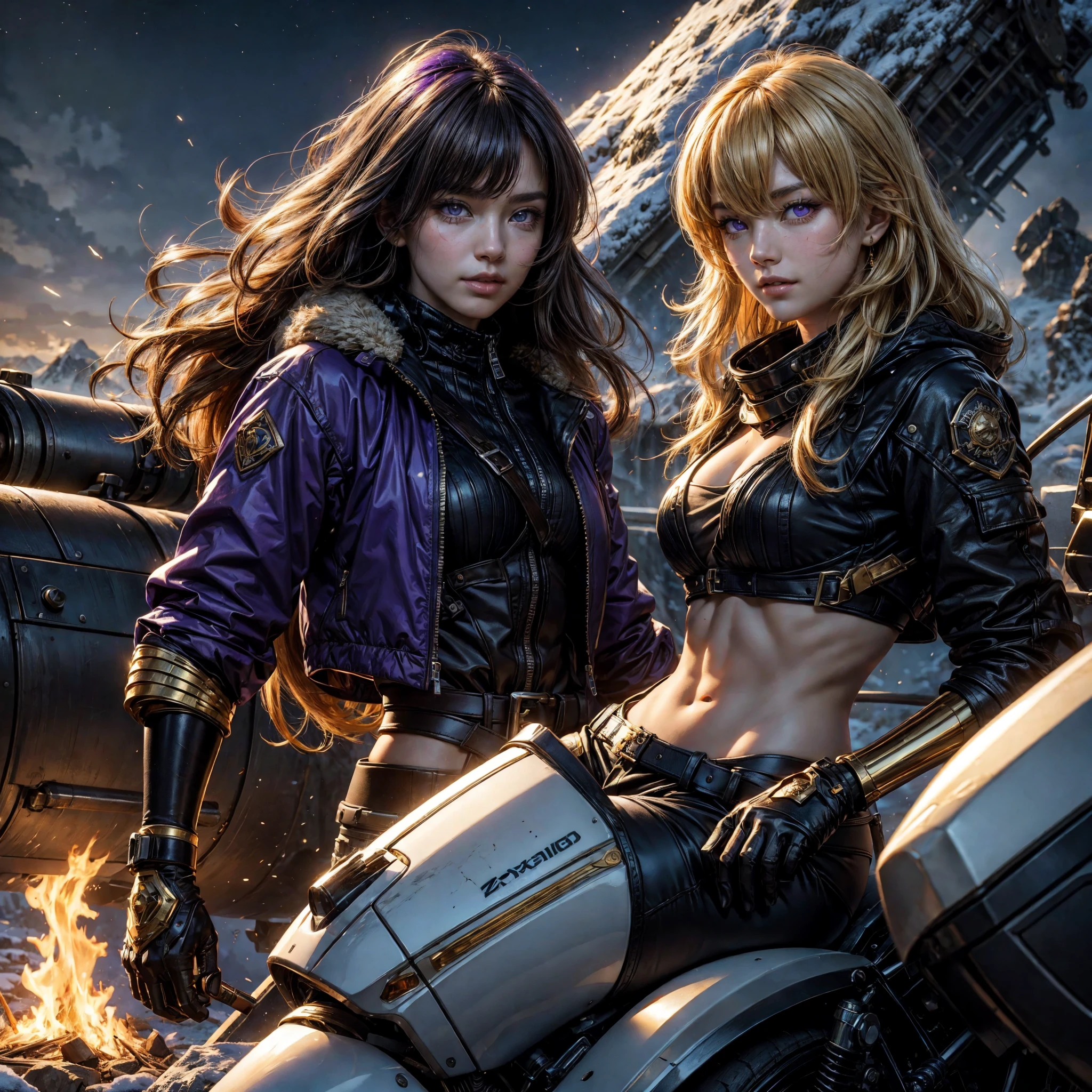 yangxiaolong, yang xiao long, smiling, long hair, blonde hair, (purple eyes:1.3), ahoge, bangs, BREAK wearing a white ski jacket with gold trim, white ski pants, mechanical arms, single mechanical arm, prosthesis, prosthetic arm, BREAK post apocalyptic scene, mountain in the background, waterfall, snow, wrecked airship, night, stars, bonfire, debris, small crowd in military uniforms, dynamic pose, BREAK looking at viewer, crowd, BREAK (masterpiece:1.2), best quality, high resolution, unity 8k wallpaper, (illustration:0.8), (beautiful detailed eyes), extremely detailed face, perfect lighting, extremely detailed CG, (perfect hands, perfect anatomy), intricate details, tonemapping, sharp focus, hyper detailed, (best quality:1.2), elegant face, beautiful face, highly detailed face, highly detailed skin, skin pores, subsurface scattering, realistic pupils, full lips, detailed background, depth of field, atmospheric perspective, volumetric lighting, sharp focus, absurdres, realistic proportions, good anatomy, (realistic, hyperrealistic:1.4), 16k hdr,