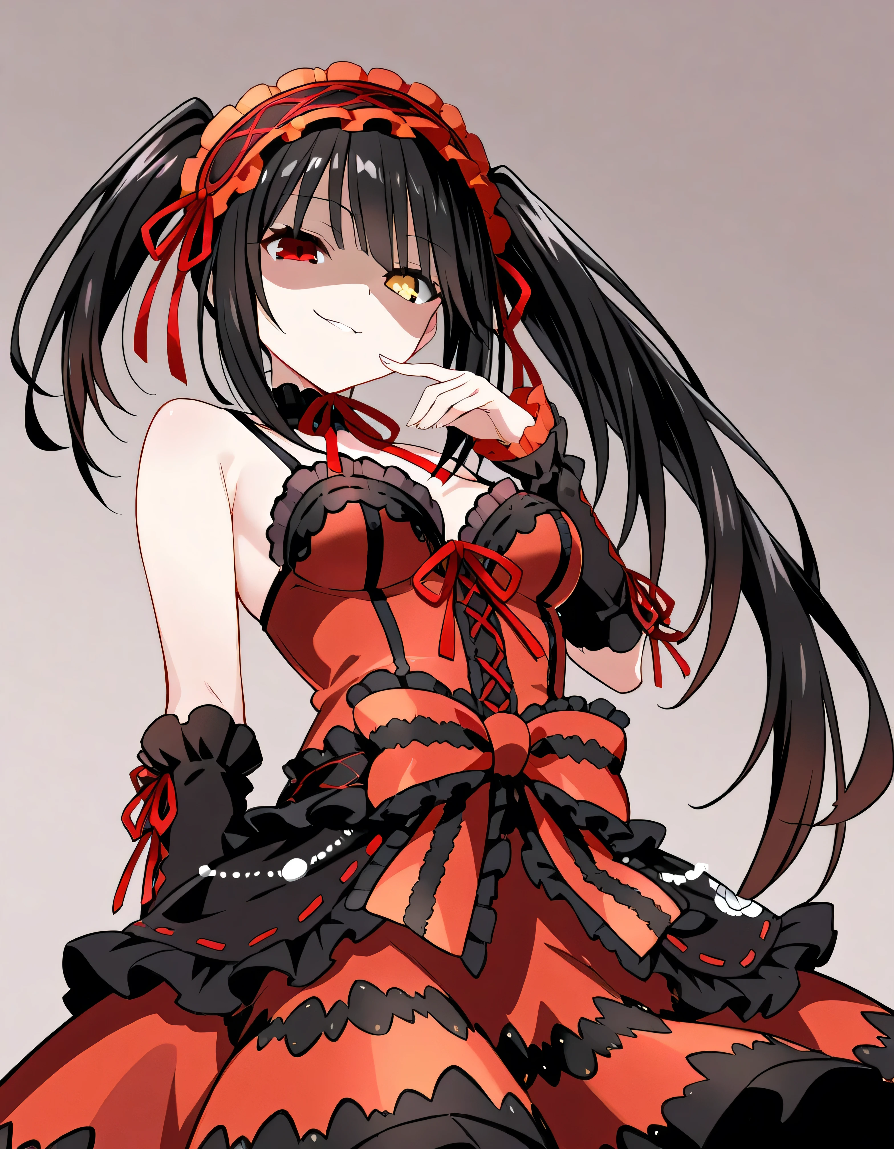Tokisaki Kurumi, is ridiculous, 1 girl in the best, raise your arms, black dress , black hair, bow, chest, Clock Eye, cowboy shooting, detachable sleeves , dress , dress bow, Hair Band , heterochromia , long hair, long sleeve , stare at the viewer, medium chest, multicolored clothes , multicolored dress , while tasting, red dress , red eyes, red ribbon, ribbon, Side Lock, simple background, smile, Alone, Symbolic student , Twin Tails, yellow eyes ,,Shaded face(eyes in Shadow),very evil smirk,from below,looking down at viewer,,looking at viewer,