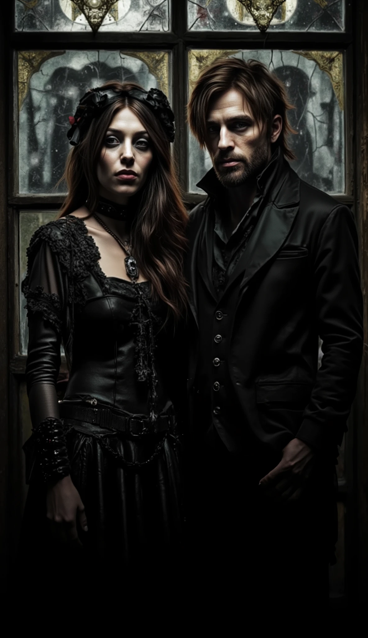 Create a dark and gothic scene featuring a mysterious couple standing together. The woman has long black hair and is dressed in an ornate, Victorian-style black dress with lace details. She exudes an air of elegance and intrigue. The man is bearded, beside her and has tousled black hair and wears a tailored black suit with a high collar. Their expressions are serious and captivating, adding to the overall enigmatic atmosphere. In the background, a large, intricately designed stained glass window casts moody shadows, enhancing the gothic theme of the image.