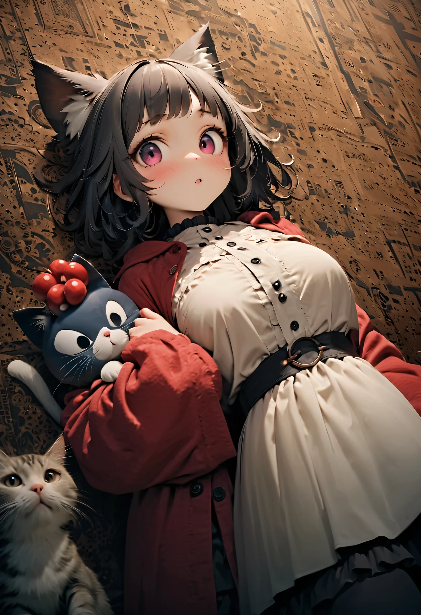 (Masterpiece), (top quality), (very detailed), 16k, wallpaper, Three-haired cat, (High Definition, masterpiece, Accurate, top quality, High Definition model, high detail, (((The textures are soft))), ((matte and toy-like with a handmade premium look)), (((Tim Burton style))), Old Japanese Townscapes, Alley mouth,