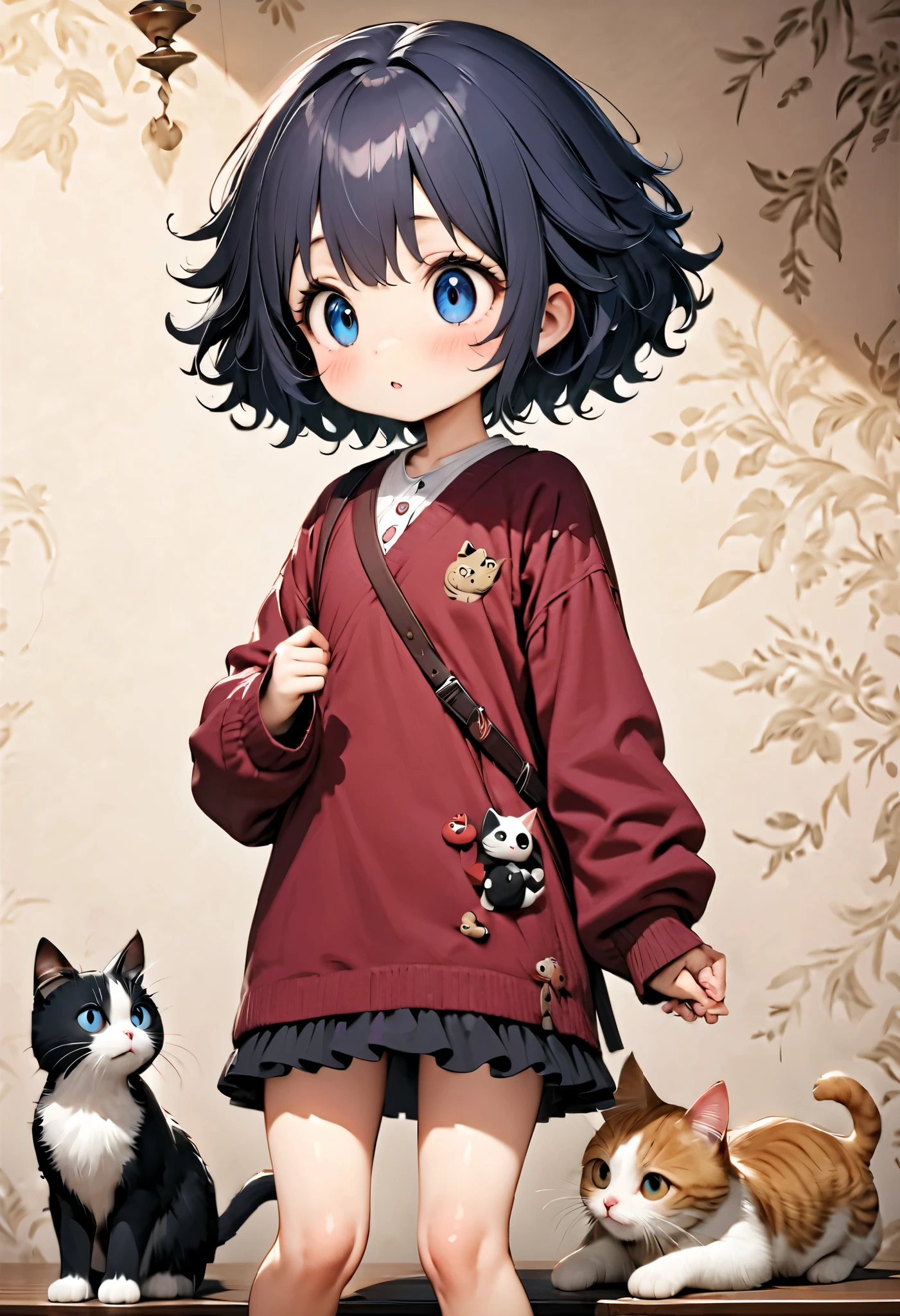 (Masterpiece), (top quality), (very detailed), 16k, wallpaper, Three-haired cat, (High Definition, masterpiece, Accurate, top quality, High Definition model, high detail, (((The textures are soft))), ((matte and toy-like with a handmade premium look)), (((Tim Burton style))), Old Japanese Townscapes, Alley mouth,