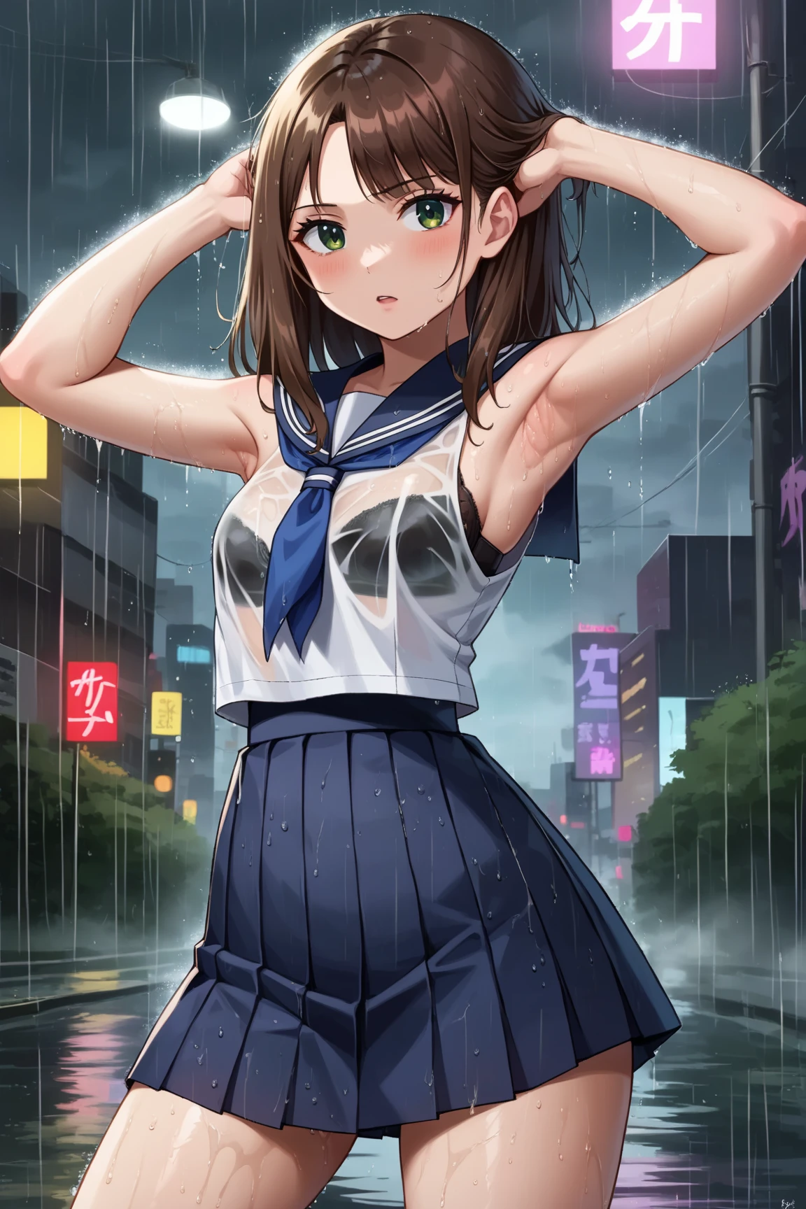 best quality, masterpiece, 1 girl, (silhouette lighting:1.2), (cowboy shot:1.3), grin, (light brown very short low twintails hair with bangs:1.2), front, detailed face, beautiful eyes, (wet skin, wet clothes:1.3), summer sailor uniform, short skirt, short sleeve, (windy upskirt:1.3), urban rooftop, cityscape, (twilight, dusk, rainy:1.3)