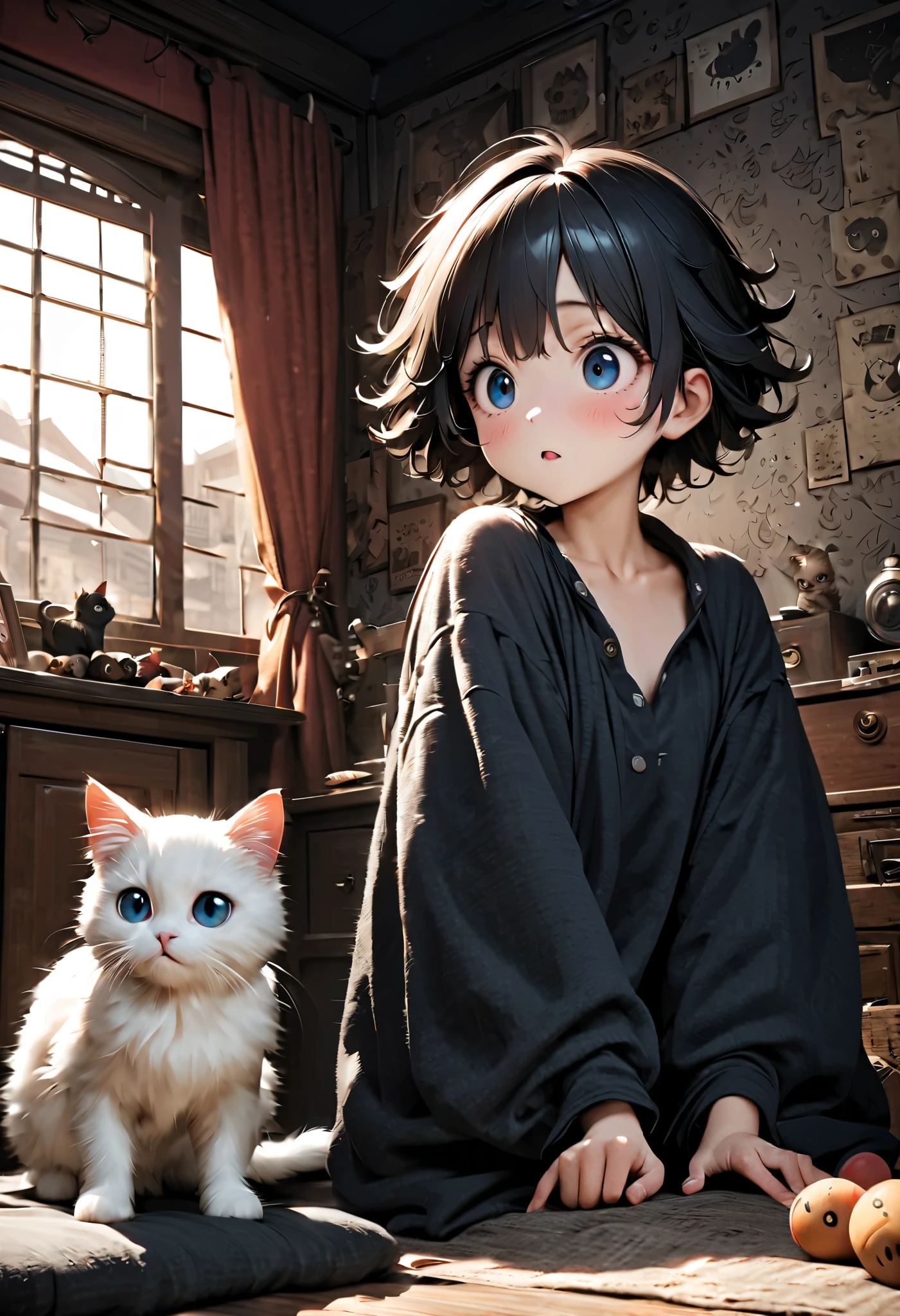 (Masterpiece), (top quality), (very detailed), 16k, wallpaper, Three-haired cat, (High Definition, masterpiece, Accurate, top quality, High Definition model, high detail, (((The textures are soft))), ((matte and toy-like with a handmade premium look)), (((Tim Burton style))), Old Japanese Townscapes, Alley mouth,