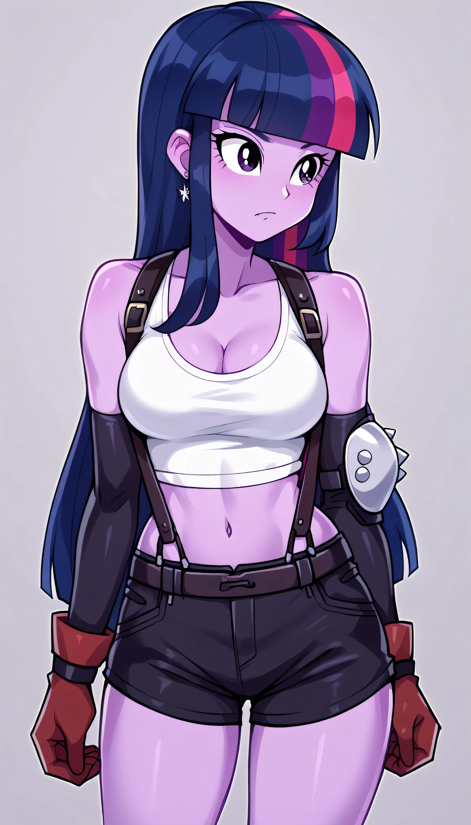 Twilight Sparkle EQG Blue hair Purple skin and eyes,long hair,tifalockhartcosplay, tifa lockhart \(cosplay\), suspender skirt, suspenders, navel, midriff, white tank top, cleavage, elbow pads, crop top, tank top, shorts, short shorts, collarbone, gloves, elbow gloves,