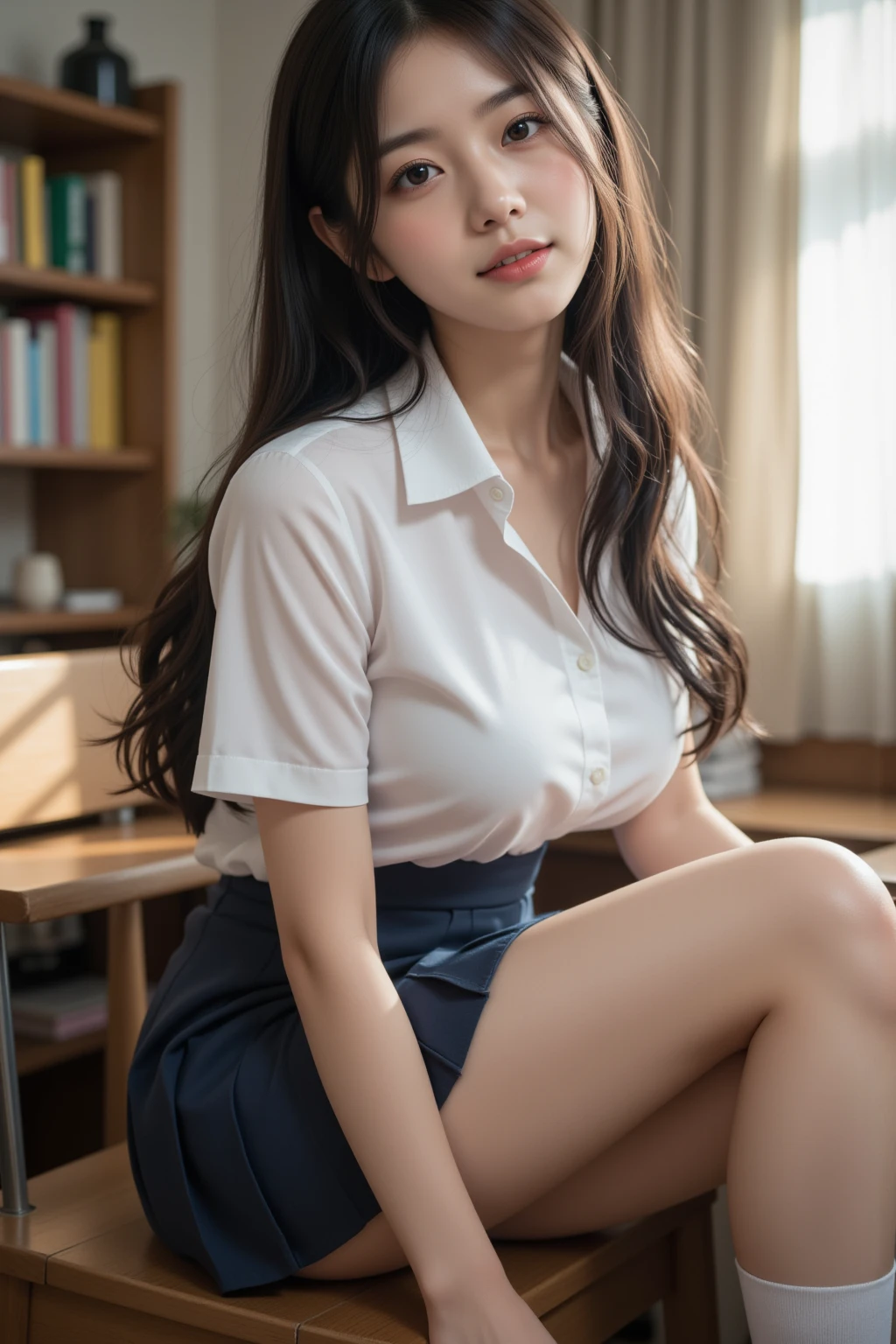 Ultra-realistic 8k cg, perfect face, flawless, clean, masterpiece, professional artwork, famous artwork, perfect face, beautiful face, beautiful eyes, ((perfect female body)), solo, (immersive atmosphere, chiaroscuro: 1.5, bright light: 1.2, luminous light), (blush: 0.5), enchanting expression, extreme detail _ eyes, thick thighs, huge breasts, delicate background, depth of field, realism: 1.3, vista, 1girl, shirt, pleated skirt, School uniform, sitting, full body, (ambient light: 1.3), (film composition: 1.3), (neon: 0.1), (HDR: 0.1), accent lighting, white pantyhose