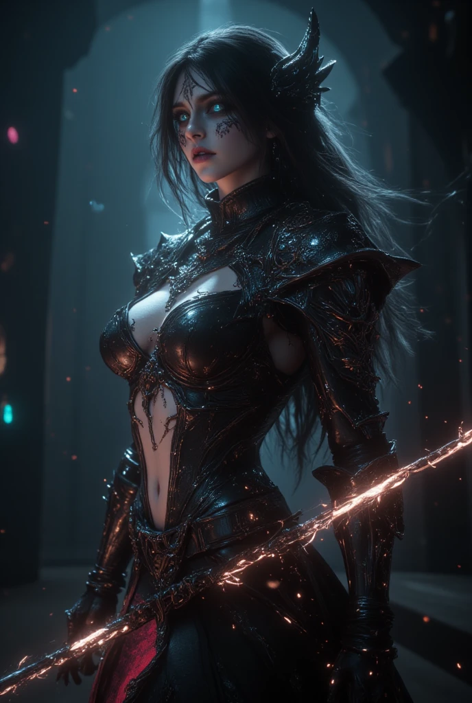 uma mulher, witchblade's like, in dynamic combat poses, Sensual camera angles, Hair-shaped blades fluttering like ribbons of fabric, metal esverdeado, cabelos ultra realistas, High quality 3D Rendering, asymmetric hair, fios em movimento, fios detalhados, Olhos perfeito, Seios enormes, Estilo cyberpunk, ethereal beauty, cinematiclighting, papel de parede 8k --auto