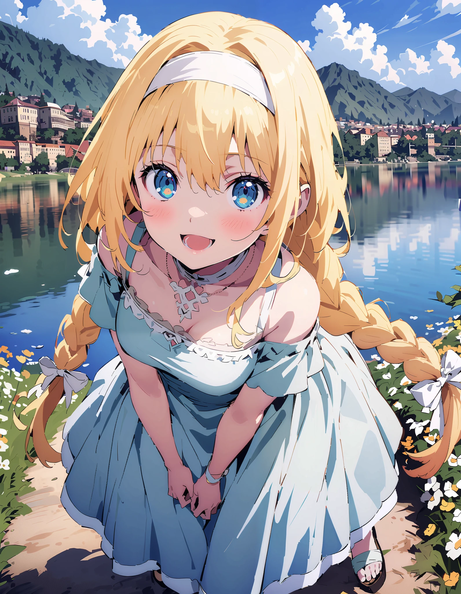 Alicesburg, Alice Sberg , Alone,bangs, blue eyes, blond hair, smile,blush, open your mouth, hair between eyes, Very long braids, single braided , headband, white headband,yellow off-the-shoulder dress,Medium breast, white long skirt, cute heeled sandals , are standing, Flower blowing snow, style so that the whole body is in the illustration ,
break outdoors, Flower Field, Compa,Large Lake,Mountain,
break looking at viewer,
break ( Masterpiece:1.2), top quality , kampala,unity 8k wallpaper,(shape:0.8),( fine, beautiful eyes :1.6),It's a person , full body photo,CG Details , ( perfect hands, Complete Anatomy),