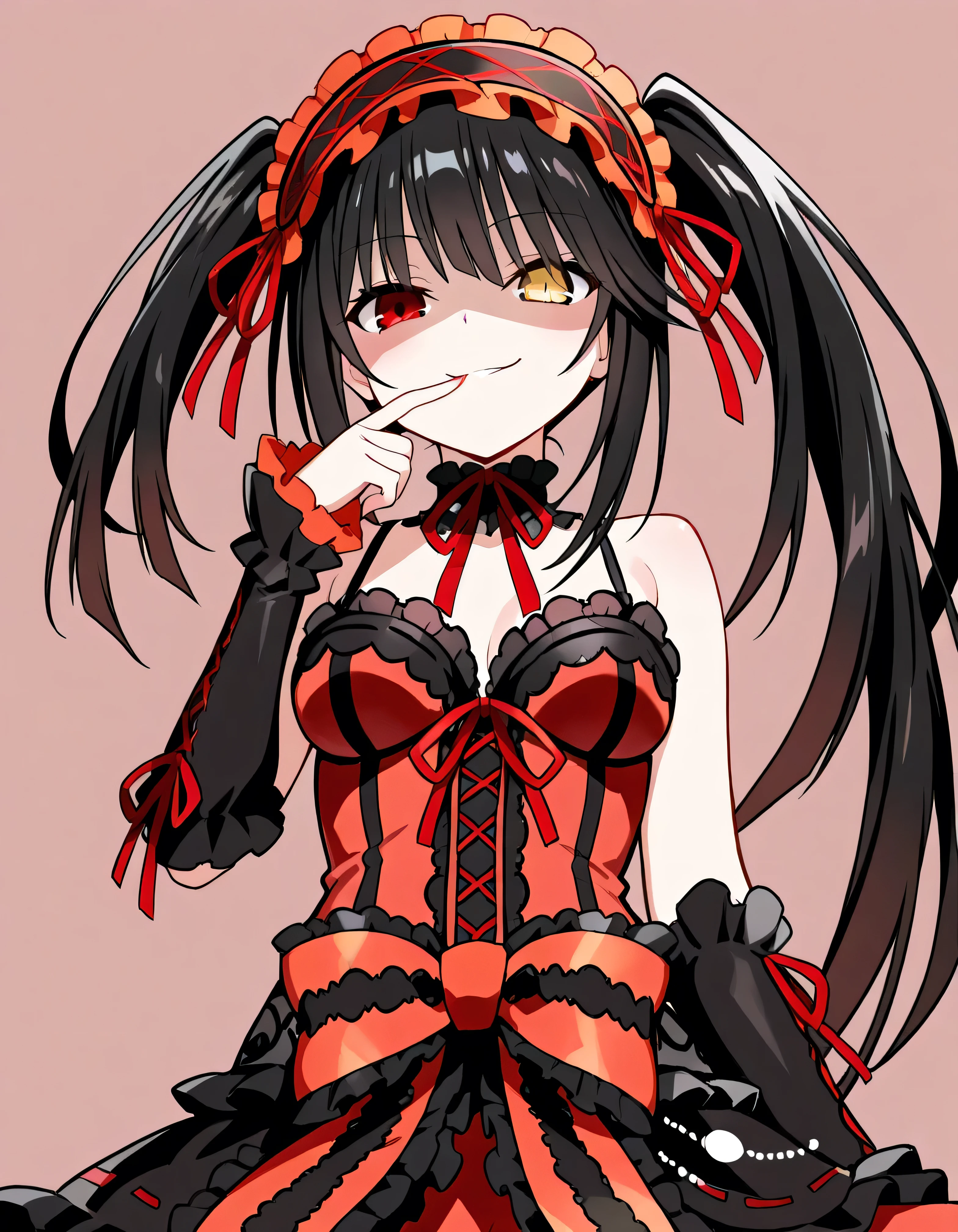 Tokisaki Kurumi, is ridiculous, 1 girl in the best, raise your arms, black dress , black hair, bow, chest, Clock Eye, cowboy shooting, detachable sleeves , dress , dress bow, Hair Band , heterochromia , long hair, long sleeve , stare at the viewer, medium chest, multicolored clothes , multicolored dress , while tasting, red dress , red eyes, red ribbon, ribbon, Side Lock, simple background, smile, Alone, Symbolic student , Twin Tails, yellow eyes ,,Shaded face(eyes in Shadow),very evil smirk,from below,looking down at viewer,,looking at viewer,