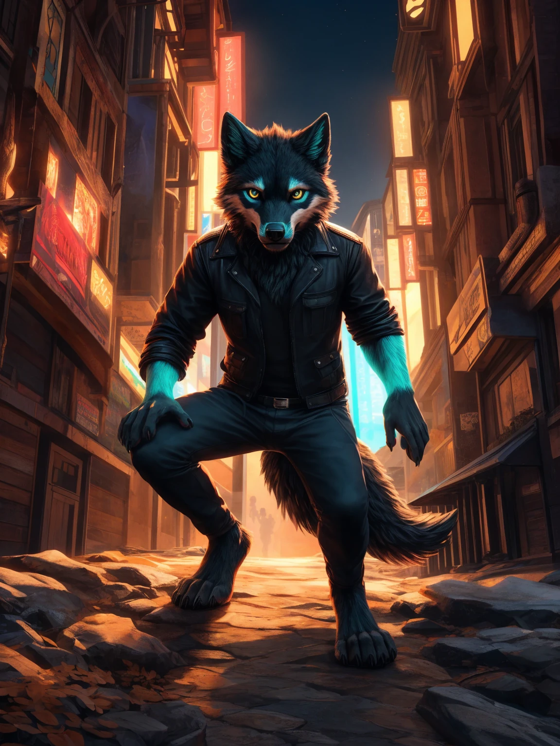 Solo, furry, male, style sexy, angry expressive, dragon male, (bokeh:0.8), depth of field, (Dragon:1), nice hands, perfect hands, ((black body scales)), ((only red hair)), ((red neck)), ((detailed eyes)),  ((heterochromia, blue left eye, red right eye), blue horns, ((full body)), dragon feet, ((only)), (Perfect Face), (male dragon):1.3, (running):1:3 (kemono:1.4), dragon tail, ((body portrait)), cyberpunk, green jacket, light blue jeans pants, White T-shirt, White shirt, cyberpunk visor, (outdoors:1.35), city, night, (particles, blue glowing):1.3, 
detailed background, photorealistic, realistic hands, 8k HD, (dark shadows, wide dynamic range, hdr, low light:1.2),
by (by Pino Daeni, (by ruaidri), (by virtyalfobo), (by Kenket), (by narse)