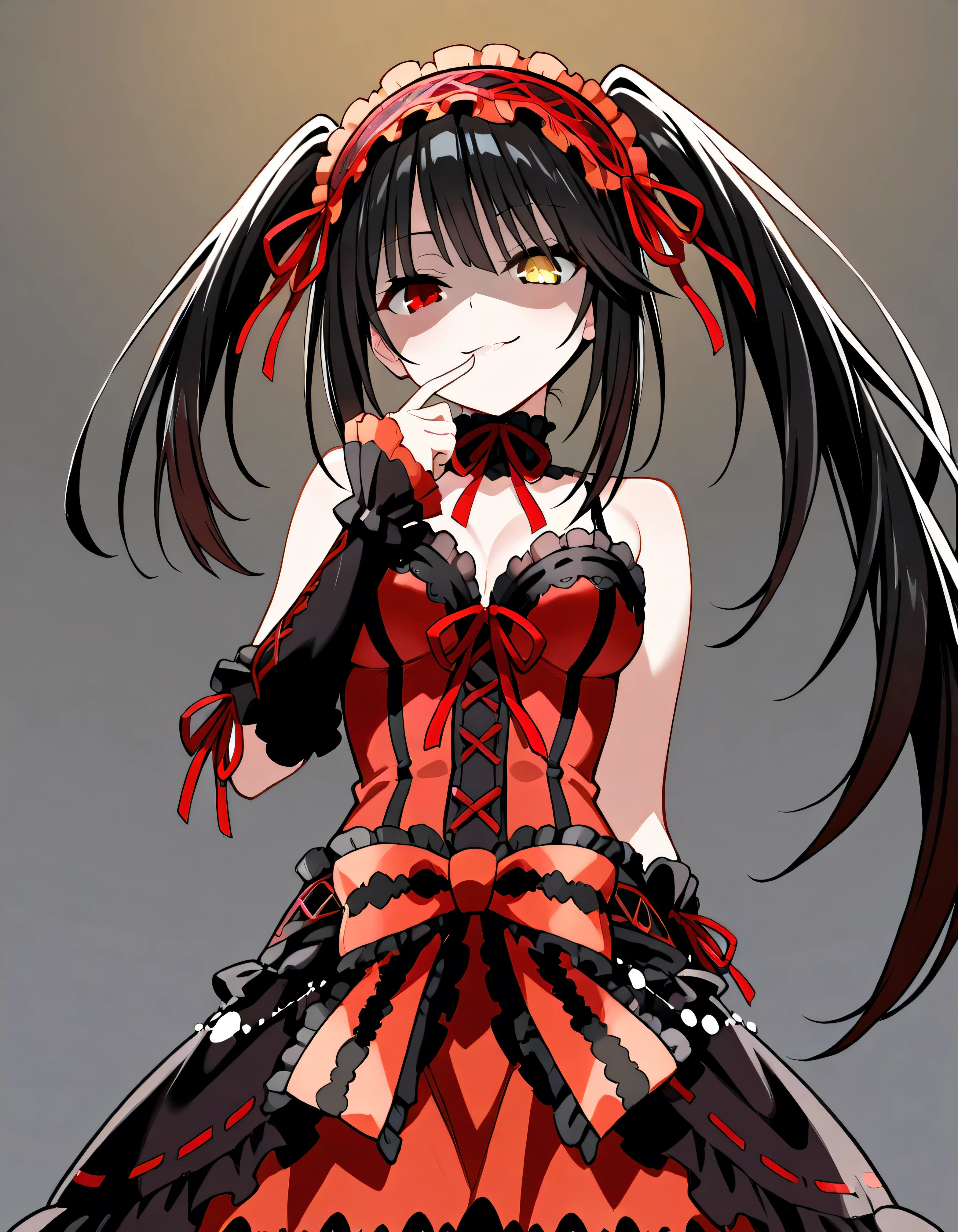 Tokisaki Kurumi, is ridiculous, 1 girl in the best, raise your arms, black dress , black hair, bow, chest, Clock Eye, cowboy shooting, detachable sleeves , dress , dress bow, Hair Band , heterochromia , long hair, long sleeve , stare at the viewer, medium chest, multicolored clothes , multicolored dress , while tasting, red dress , red eyes, red ribbon, ribbon, Side Lock, simple background, smile, Alone, Symbolic student , Twin Tails, yellow eyes ,,Shaded face(eyes in Shadow),very evil smirk,from below,looking down at viewer,,looking at viewer,
