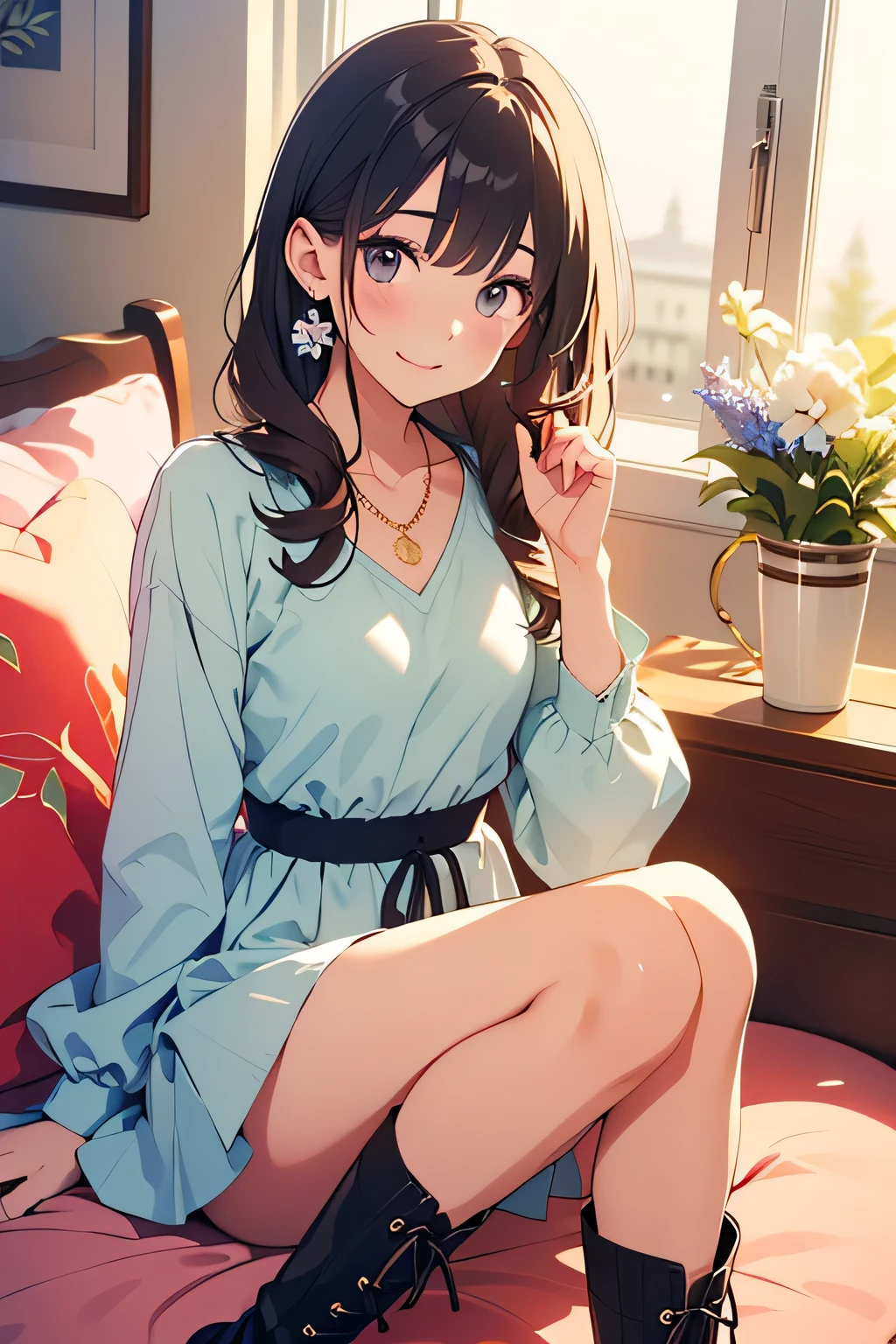 ((masterpiece, Highest quality, High resolution, 超High resolution, Pixel perfect, Written boundary depth, 4K, RTTX 10.0, High resolution))), 1 person, single, alone, Beautiful Anime, Beautiful art style, Anime characters, ((Shortcuts, bangs, Dark brown hair)), ((Green Eyes:1.4, Round eyes, Beautiful eyelashes, current eyes)), ((Smooth texture:0.75, Anime CG style)), ((Dynamic Angle, close)), Perfect body, (cute), Normal chest, whole body, ((4K, 8k, Highest quality, Perfect Fingers: 1.3, Perfect Anatomy: 1.3, Background Blur)), whole bodyアングル, An illustration of a girl staying up late at home on a summer night, The character is wearing light pajamas., sitting on a sofa in a relaxed position, His favorite manga and smartphone are scattered around him., She is smiling while concentrating on the screen., In the background, Outside the window, the starry summer night sky spreads out, The room is bathed in soft lighting.,