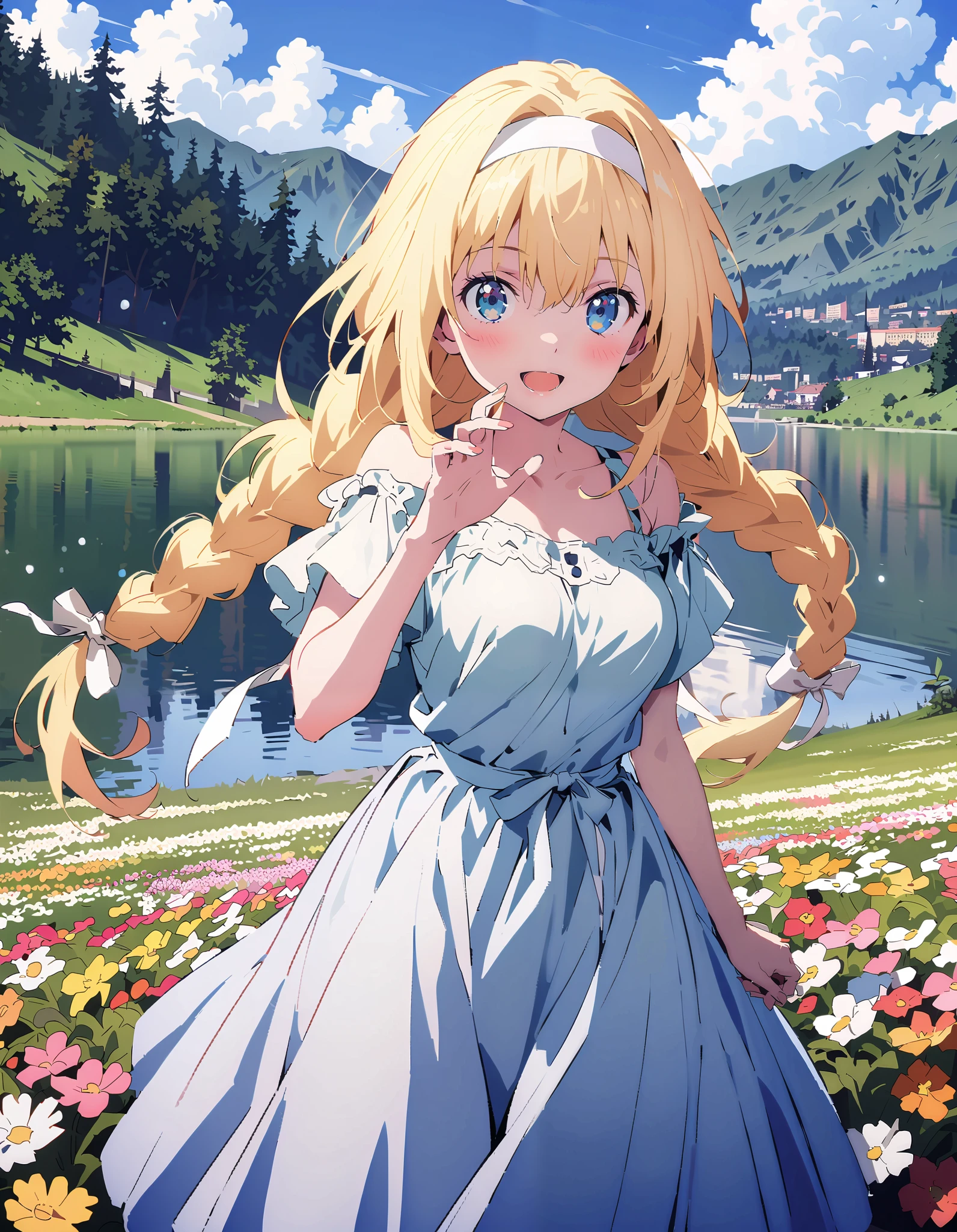 Alicesburg, Alice Sberg , Alone,bangs, blue eyes, blond hair, smile,blush, open your mouth, hair between eyes, Very long braids, single braided , headband, white headband,yellow off-the-shoulder dress,Medium breast, white long skirt, cute heeled sandals , are standing, Flower blowing snow, style so that the whole body is in the illustration ,
break outdoors, Flower Field, Compa,Large Lake,Mountain,
break looking at viewer,
break ( Masterpiece:1.2), top quality , kampala, Unity 8k Wallpaper,(shape:0.8),( fine, beautiful eyes :1.6),It's a person , full body photo,CG Details , ( perfect hands, Complete Anatomy),
