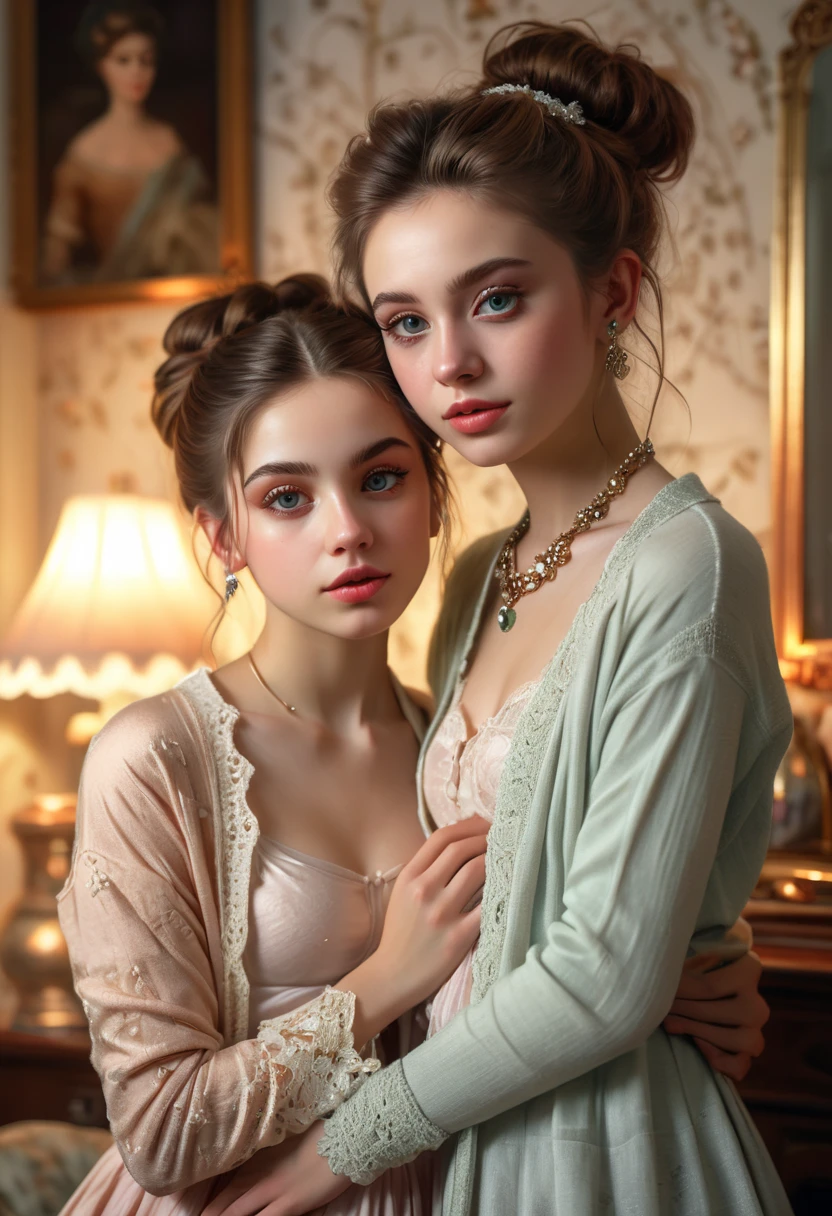 Hyperrealistic art (An enchanting illustration of a pajama party scene in a college dormitory unfolds, where slender girls delight in each other's company amidst a cozy setting of pillows and blankets. The soft glow of fairy lights adds warmth to the atmosphere. With their slender petite frames, they bring a lively energy to the dormitory, their glossy skin radiating a gentle glow that accentuates their delicate feminine contours through their vibrant colored pajamas. Captured from a dynamic angle, their perky protuberant curves and cleavage twinkle with allure, enhancing the graceful silhouette of their narrow waists and slim curves. This scene captures the essence of friendship and fun, creating a cozy and intimate moment in the dormitory._), Naturalistic: Naturalistic creates a picture with a (realistic and immersive atmosphere:1.2), using soft, diffused light to capture the natural beauty of the environment. Subtle highlights and shadows add (depth and authenticity:1.4), allowing viewers to feel connected to the matter and experience the wonders of the natural world in this stunning photography of Prompt., <lora:detailed_eye:0.45> perfect skin . Extremely high-resolution details, photographic, realism pushed to extreme, fine texture, incredibly lifelike
