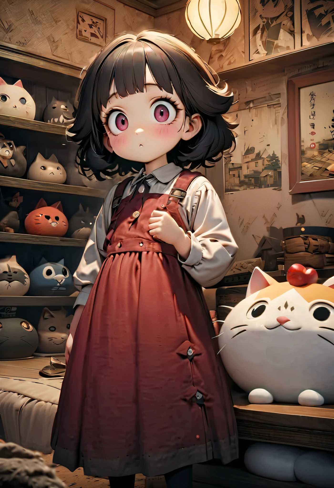 (Masterpiece), (top quality), (very detailed), 16k, wallpaper, Three-haired cat, (High Definition, masterpiece, Accurate, top quality, High Definition model, high detail, (((The textures are soft))), ((matte and toy-like with a handmade premium look)), (((Tim Burton style))), Old Japanese Townscapes, Alley mouth,