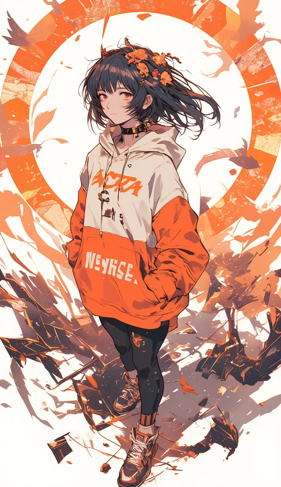 Fisheye Wide Angle , high angle、profile、 off-white and orange hoodie , Fisheye Wide Angle 1 of Mori Gutterpunk women , A giant circle of glowing marble angels、 bangs with lots of flowers 、 wearing leggings and trainers 、 big breasts、 chest、 with white lettering put your hands in your pocket 、The expression and outfit are 、Bold makeup and accessories. Underfoot shadows、 high angleで強めの魚眼視点、 white background、 is anatomically correct、