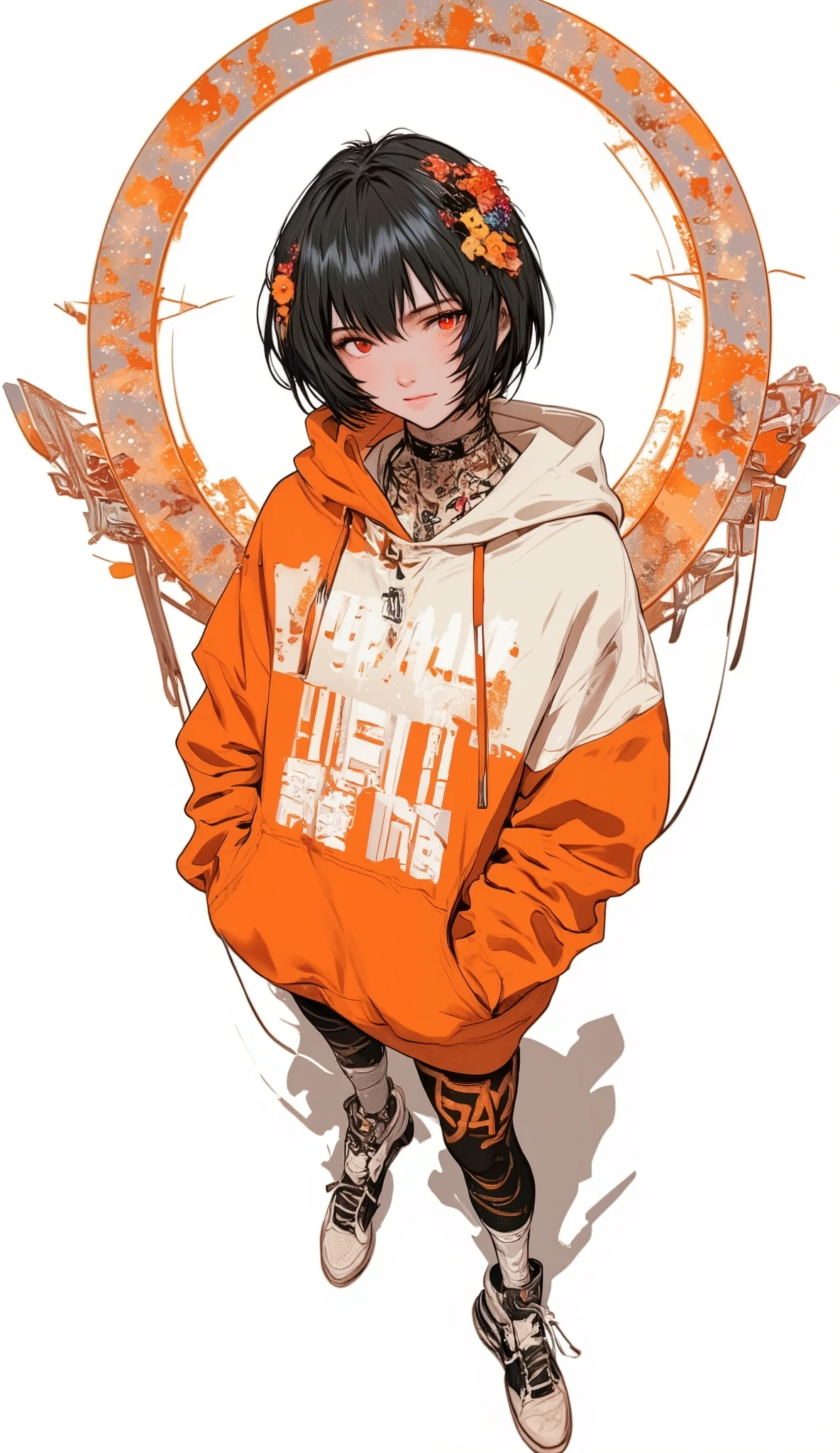 Fisheye Wide Angle  ,  high angle、profile、 Off-white and Orange Hoodie  , Fisheye Wide Angle  １ of Mori Gutterpunk women  , A giant circle of glowing marble angels、 bangs with lots of flowers 、 wearing leggings and trainers 、 big breasts、 chest、 with white lettering put your hands in your pocket 、The expression and outfit are 、Bold makeup and accessories. Underfoot shadows、  high angleで強めの魚眼視点、 white background、 is anatomically correct、