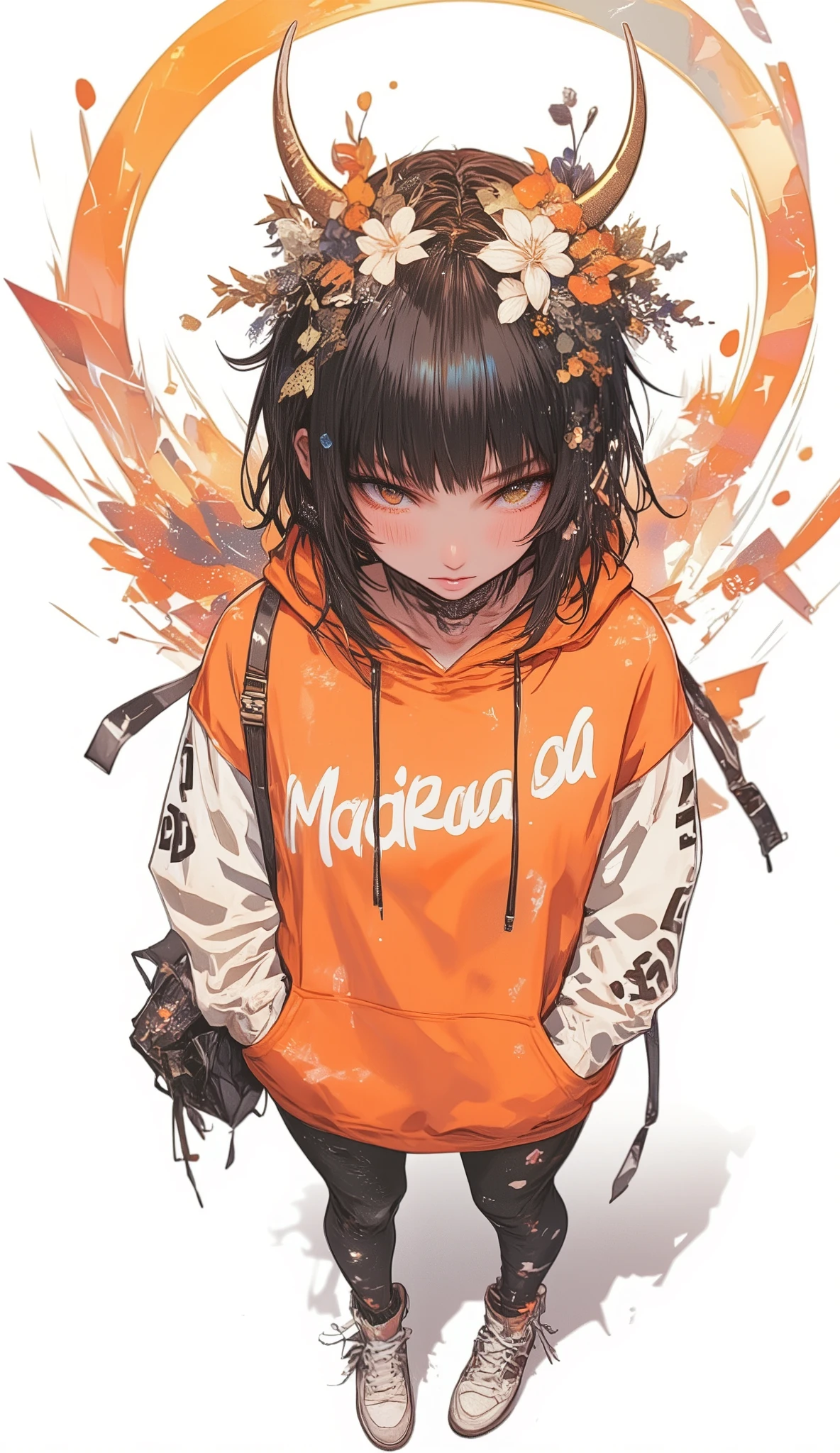 Fisheye Wide Angle , high angle、profile、 off-white and orange hoodie , Fisheye Wide Angle 1 of Mori Gutterpunk women , A giant circle of glowing marble angels、 bangs with lots of flowers 、 wearing leggings and trainers 、 big breasts、 chest、 with white lettering put your hands in your pocket 、The expression and outfit are 、Bold makeup and accessories. Underfoot shadows、 high angleで強めの魚眼視点、 white background、 is anatomically correct、