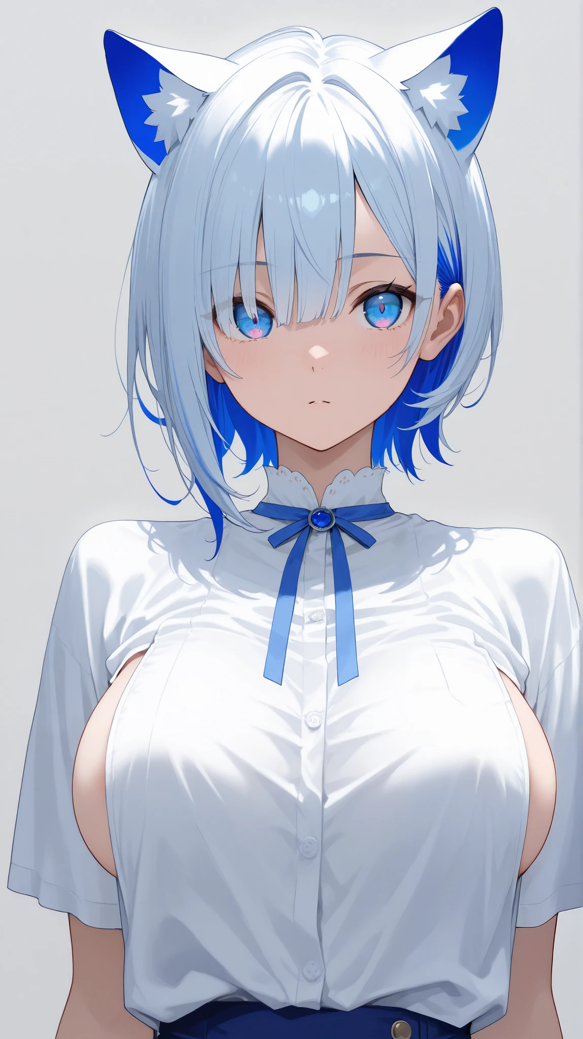 best quality, amazing quality, very aesthetic, absurdres, 1girl,arona (blue archive), blue archive, blue eyes, (artist official art:1.5), (realistic face:0.65), blush, breasts_apart, (loop writing:1.5), small breasts, orange color light, collarbone, commentary_request, cowboy_shot, downblouse, dress_shirt, green_skirt, hair_intakes, hanging_breasts, highres, lab_coat, leaning_forward, long_sleeves, looking_at_viewer, open_coat, open_mouth, sleeves_past_wrists, solo, white_background, white_shirt, nsfw, concept art, expressive eyes, perfect face, 4k, extremely detailed anime illustration, extremely detailed eyes, enhanced details, perfect anatomy, light rays, photo background, extremely delicate body, smooth skin, feminine expression, black background, cristal clear eyes, beautiful face