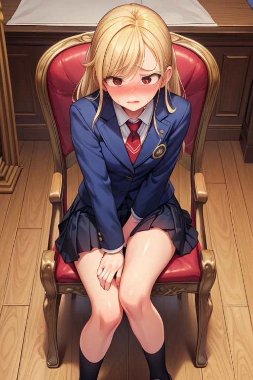 (very detailed background:1.0), (highly detailed background:1.0), (Masterpiece), High Quality, (1girl, solo), blonde hair, yellow eyes, pigtails, black ribbon in hair, looking at viewer, seductive smile, blush, looking at viewer, view from front, cowboy shot, large breasts, red jacket with black collar, white shirt, buttoned jacket, grey pleated skirt, desk, sitting on chair, crossed legs, 5 fingers, (((good hands))), 5 fingers on each hand, arms crossed,