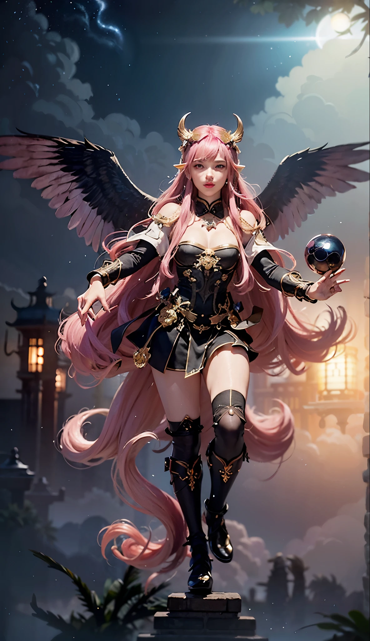 Fluttershy, Fluttershy from my little pony, Fluttershy in the form of a girl, long hair, lush hair, pink hair, blue eyes, steampunk, steampunk machinery body, golden gears, not human, gear skin, yellow clothes, pink boots, a lot of pink and yellow, full-length, steampunk style, flying birds, many birds, big yellow angel wings, angel wings, girl with wings, best quality, Very detailed, ultra 8K resolution