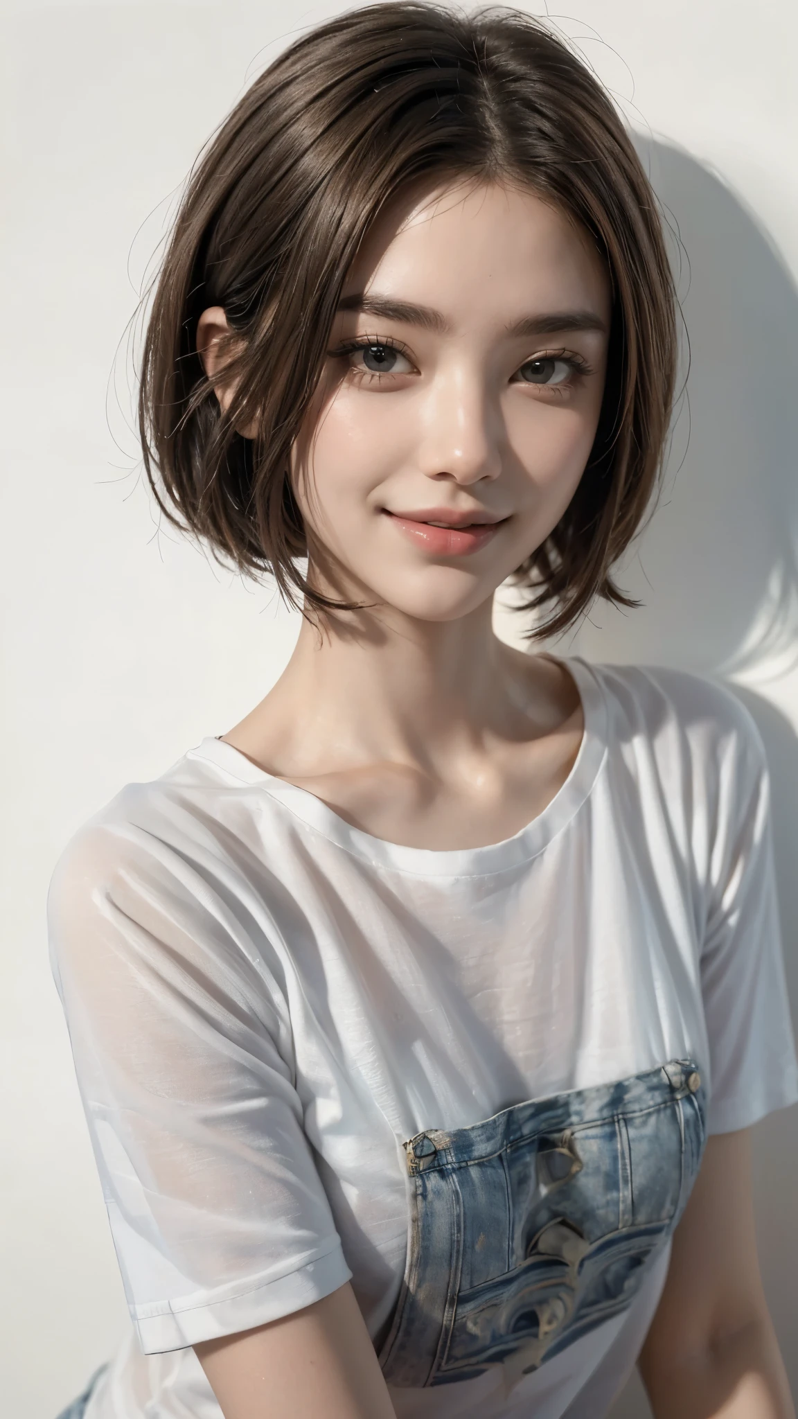super high quality, smile, Slenderのネックレス, Slender, Gravure photoshoot, The staff is working at the counter in the back., (8k、RAW Photos、Highest quality、masterpiece:1.2), Japanese Idol, Stylish café, (Realistic、Photorealistic:1.37), Mesh Hair, Urban Cafe, Golden Ratio, Raw photo, Cute face , Light Brown Hair, Small breasts, Bright cafe interior, Blurred Background, Summer clothes, Beautiful hairstyle, Photographed inside the cafe, Hair blowing in the wind, Neat clothes, T-Shirts, Very Short Hair, 18-year-old, Stylish clothes,