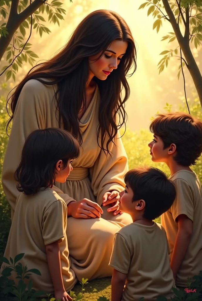 Disney Pixar style poster of a 25 year old woman with long dark brown hair, freckles and light brown eyes. Surrounded by many 5-year-old boys and girls. All of them sitting on the floor with their hands together in prayer.. In the background is the silhouette of Jesus of Nazareth with open arms and a beautiful glow..
Everyone is smiling outdoors in a forest filled with lots of light, plants trees and flowers seeing each other.