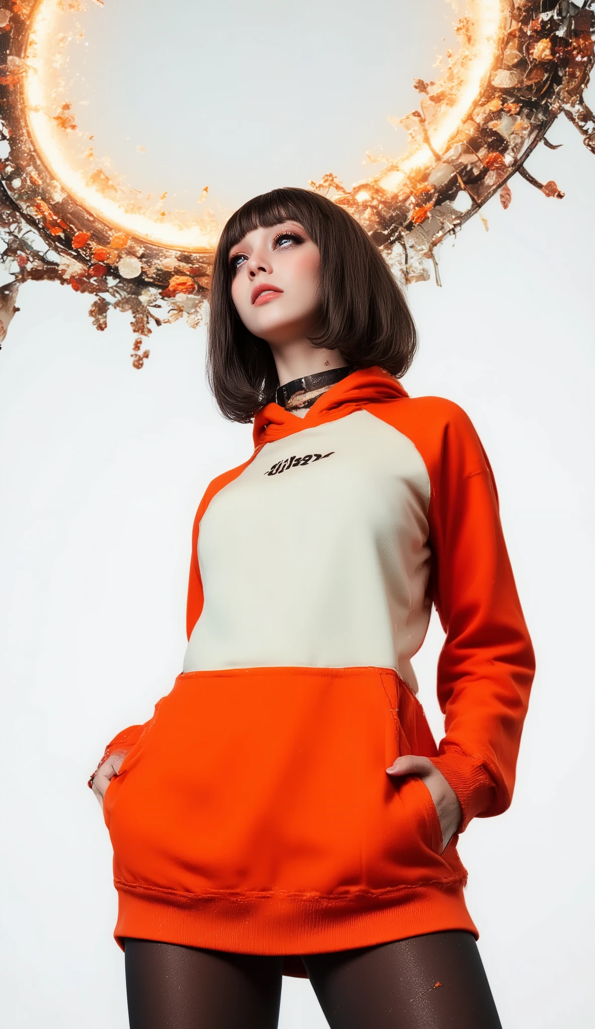 Fisheye Wide Angle , high angle、profile、 Off-white and Orange Hoodie , Fisheye Wide Angle 1 of Mori Gutterpunk women , A giant circle of glowing marble angels、 bangs with lots of flowers 、 wearing leggings and trainers 、 big breasts、 chest、 with white lettering put your hands in your pocket 、The expression and outfit are 、Bold makeup and accessories. Underfoot shadows、 high angleで強めの魚眼視点、 white background、 is anatomically correct、