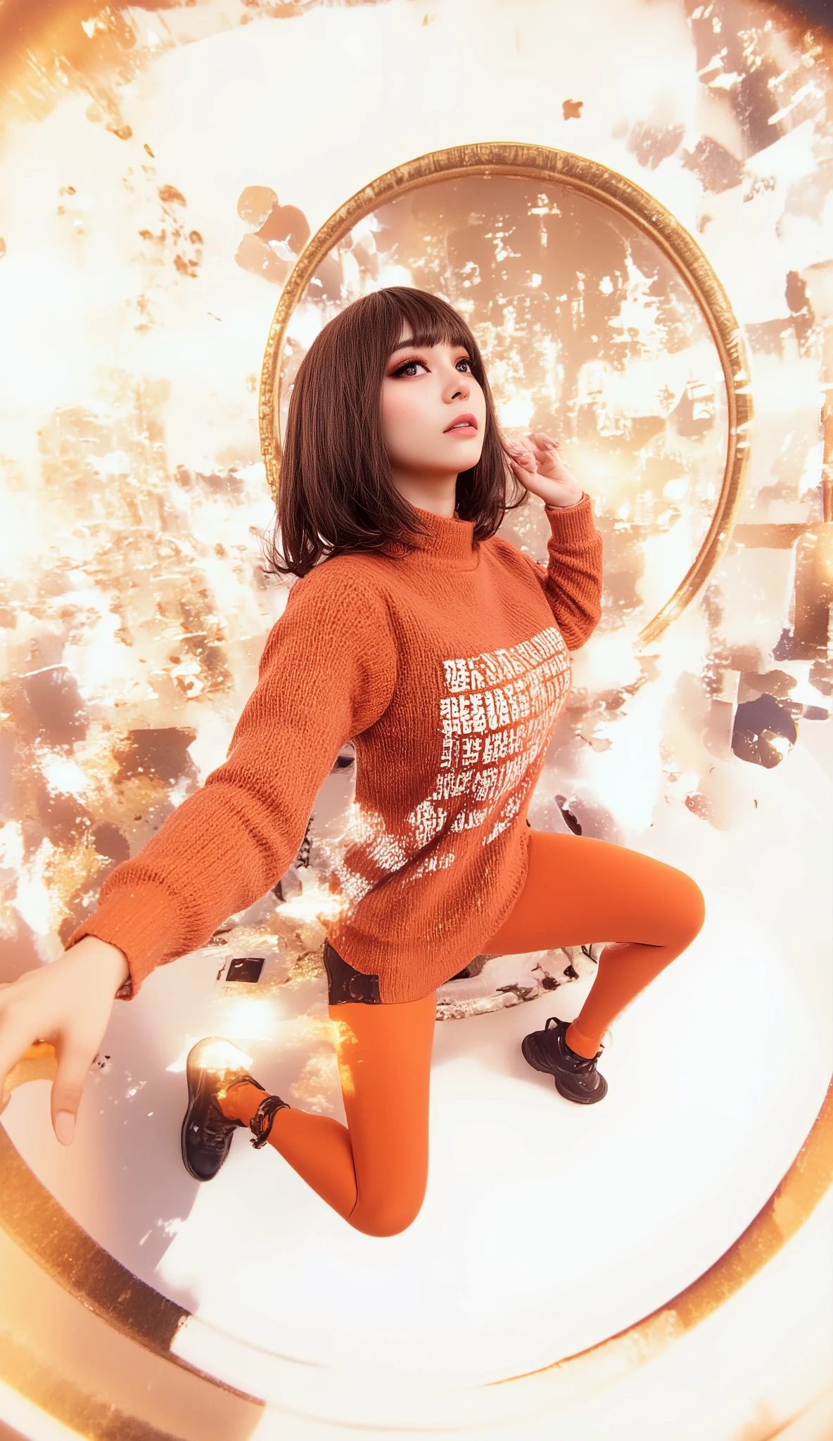 Fisheye Wide Angle , high angle、profile、off-white and orange knitted sweater, Fisheye Wide Angle 1 of Mori Gutterpunk women , A giant circle of glowing marble angels、 bangs with lots of flowers 、 wearing leggings and trainers 、 big breasts、 chest、 with white lettering put your hands in your pocket 、The expression and outfit are 、Bold makeup and accessories. Underfoot shadows、 high angleで強めの魚眼視点、 white background、 is anatomically correct、